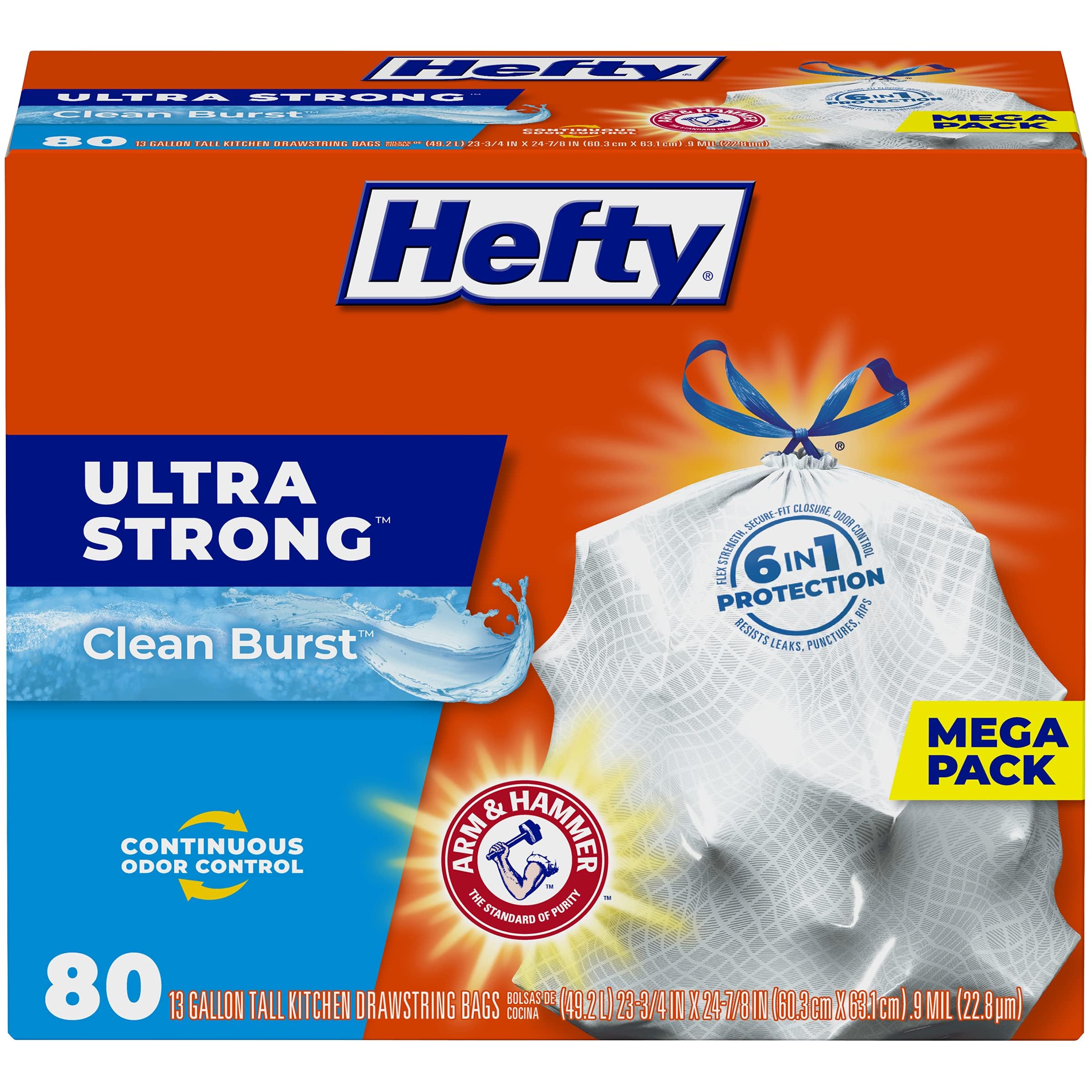 Hefty Ultra Strong Müllbeutel mit sauberem, platzendem Duft, 13 Gallonen, hoch, für die Küche, mit Kordelzug, 80 Stück