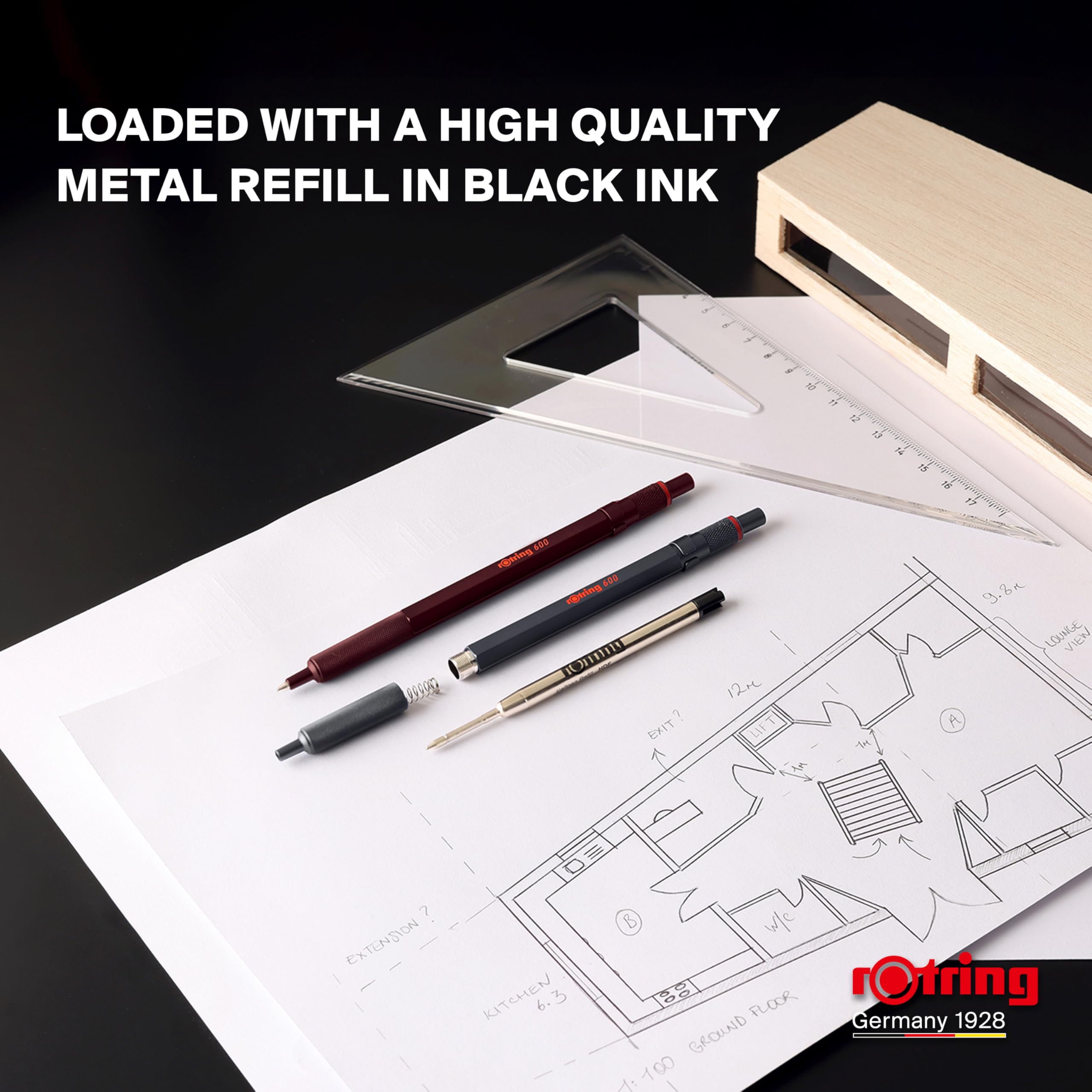 rOtring 600 Ballpoint Pen - All-Metal Body | Medium Point Black Ink | Knurled Grip 6