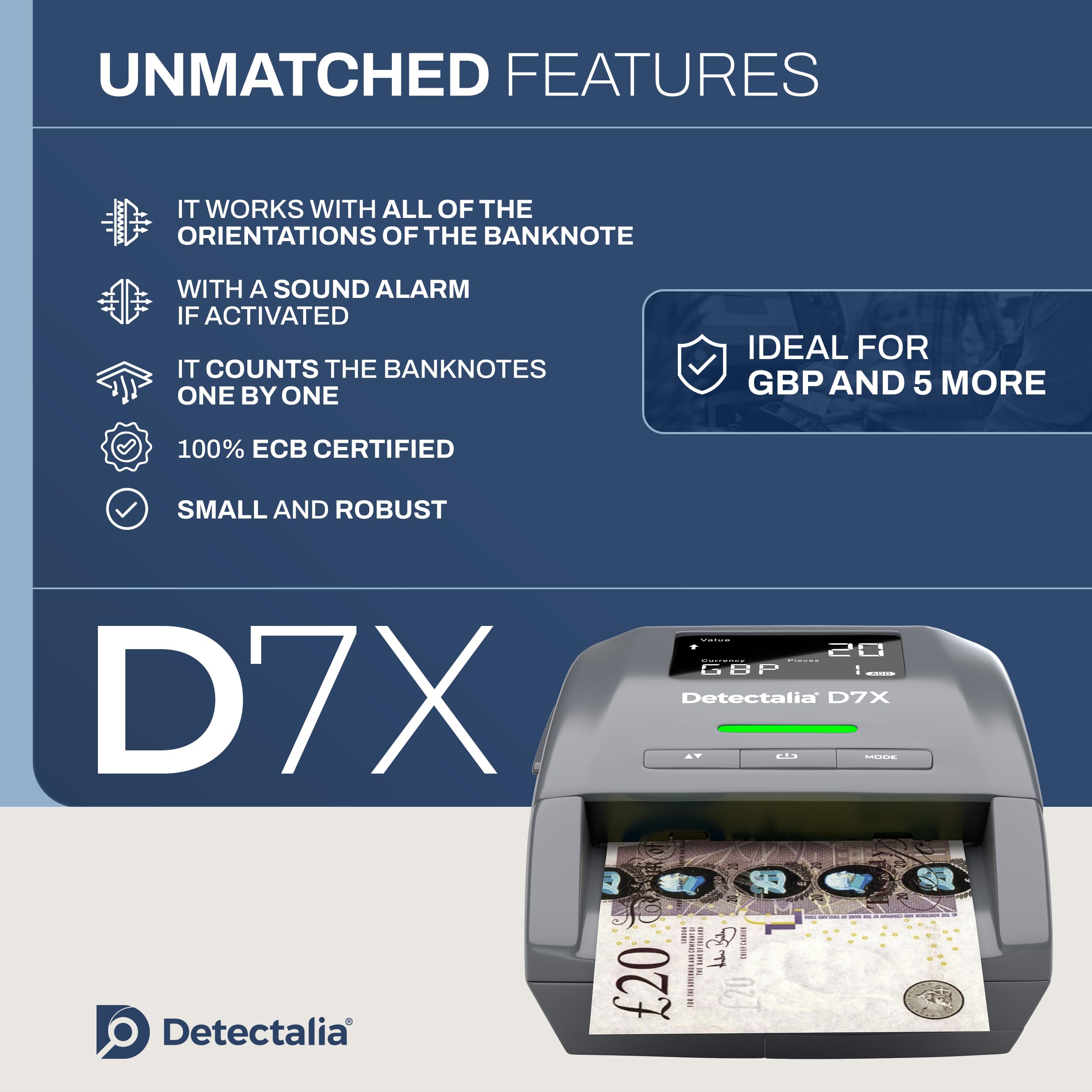 Detectalia D7X Counterfeit Banknote Detector - Checks 6 Currencies (GBP, EUR, CHF, PLN, CZK, SEK) 3