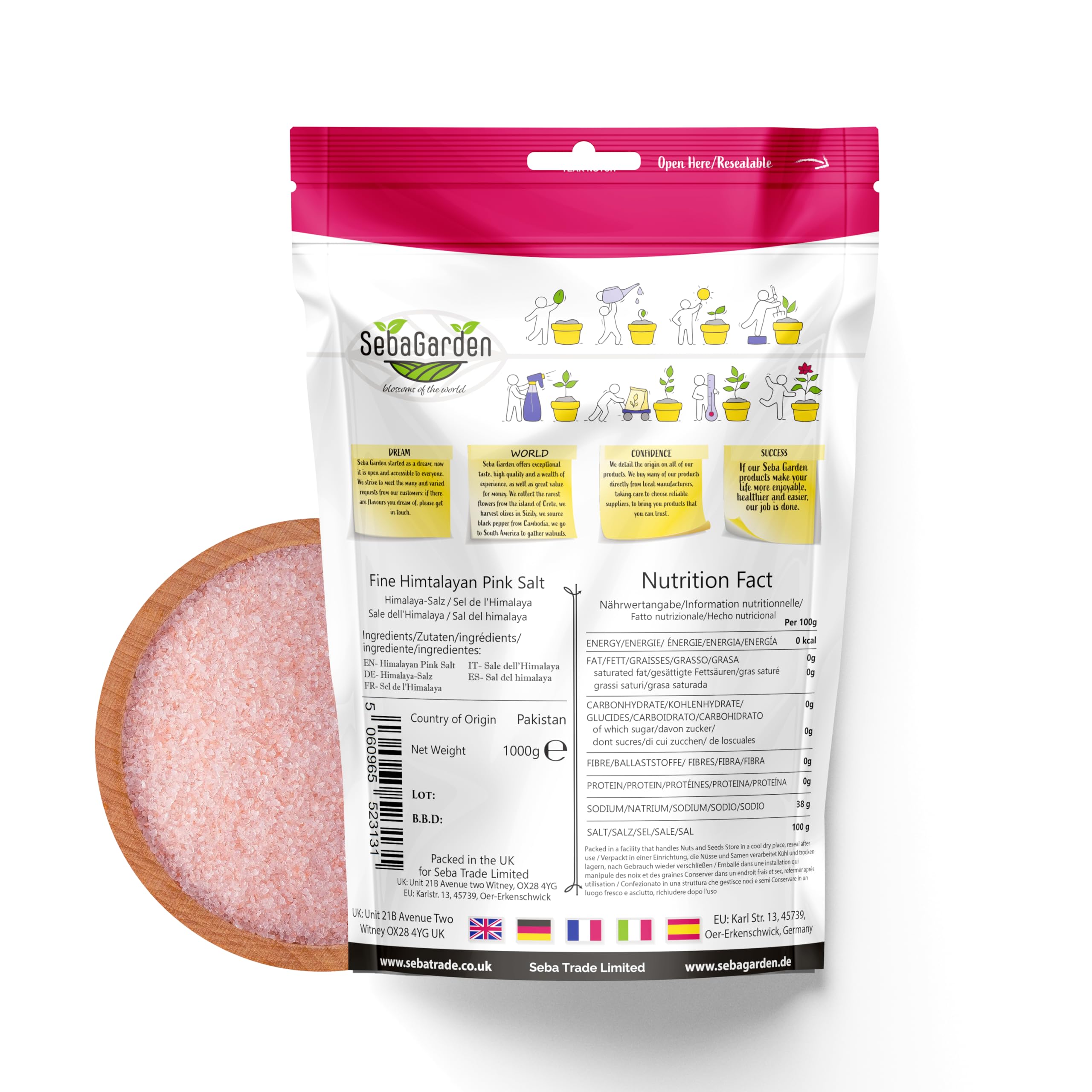 Seba Garden – 100 % reines rosa Himalaya-Salz (extrafein, 1 kg, wiederverschließbarer Doypack) 7