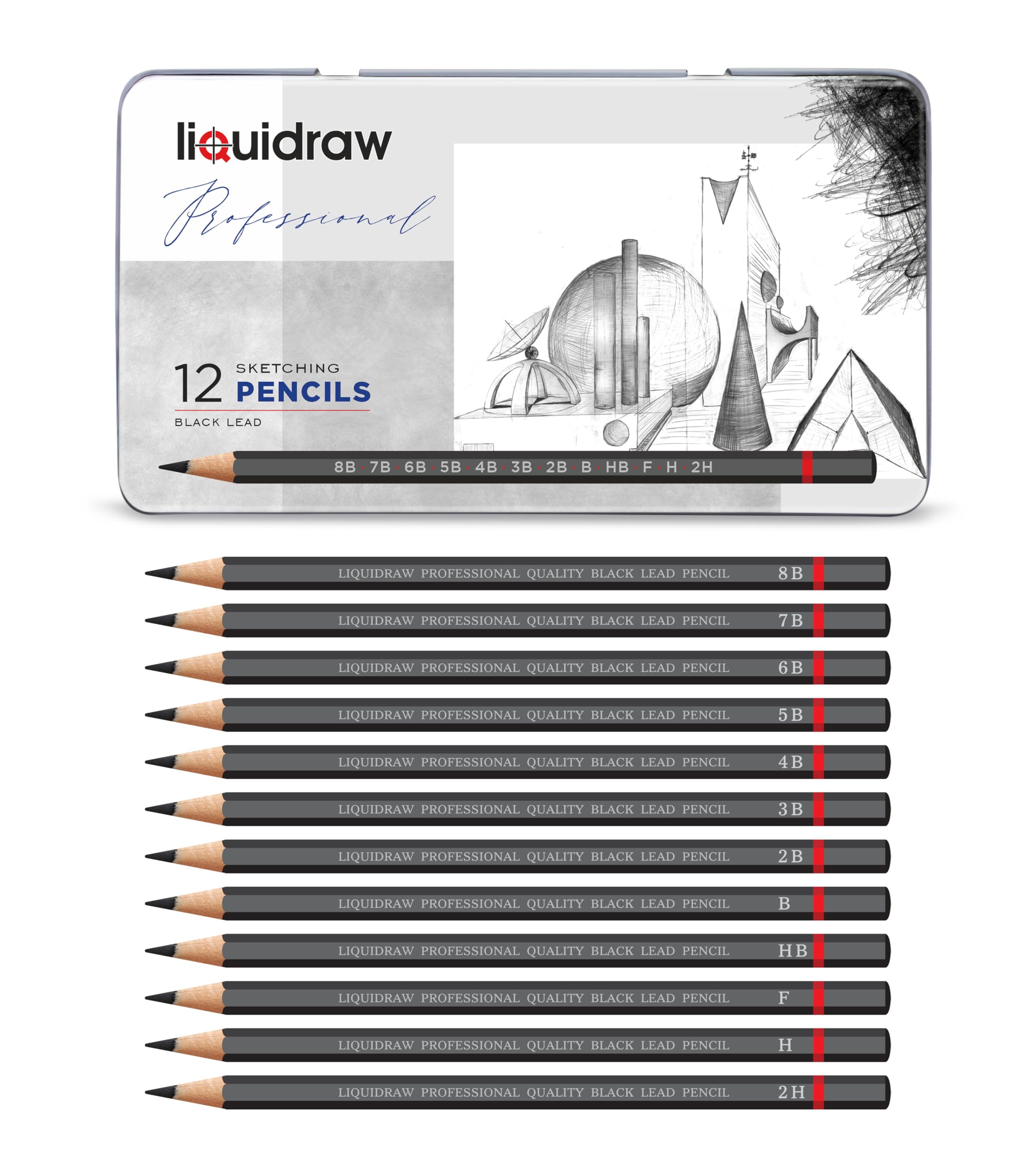 Liquidraw Drawing Pencils Set of 12 - Graded Graphite for Sketching & Shading | Includes Storage Tin