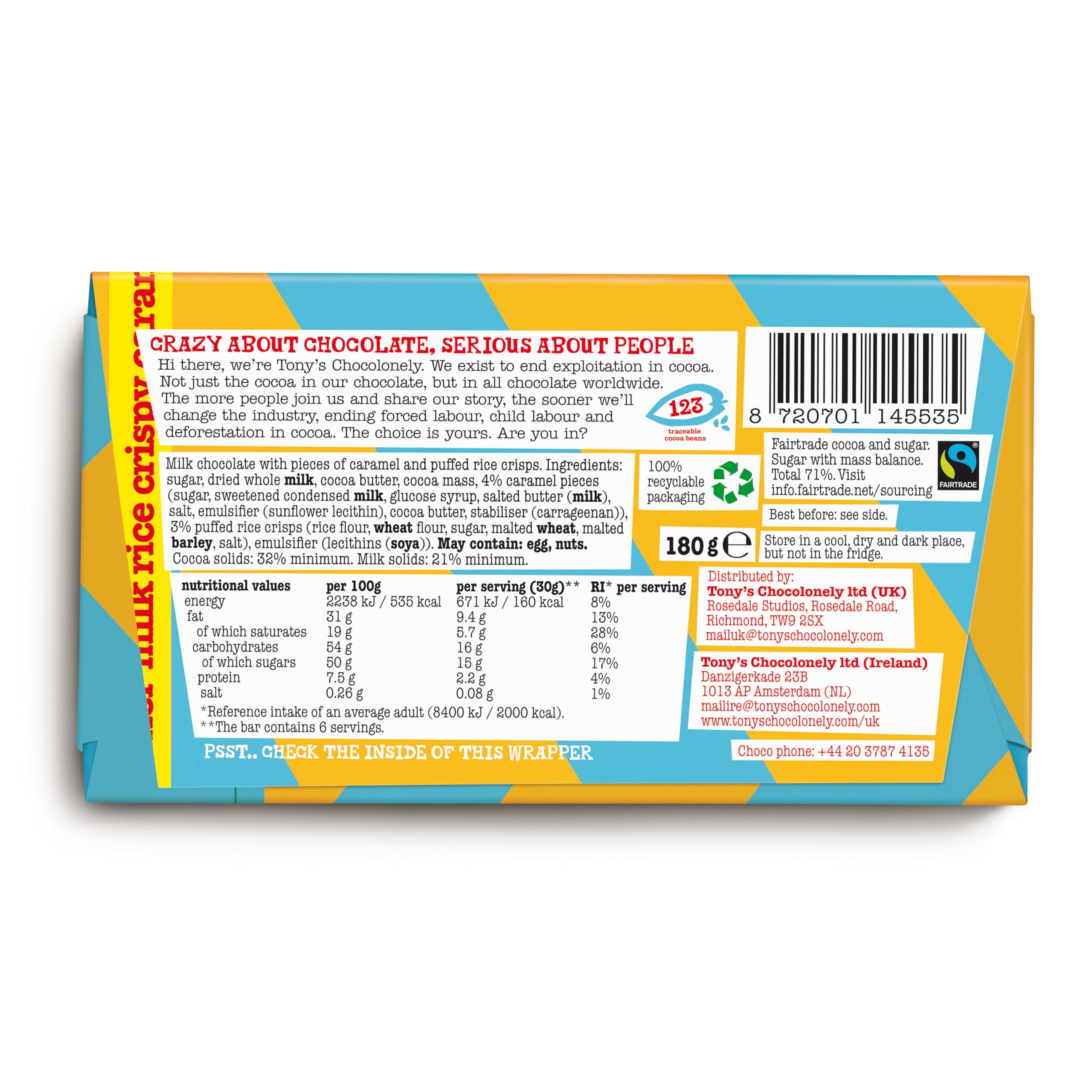 Tony's Chocolonely Milk Chocolate Rice Crispy Caramel Bar - 180g 5