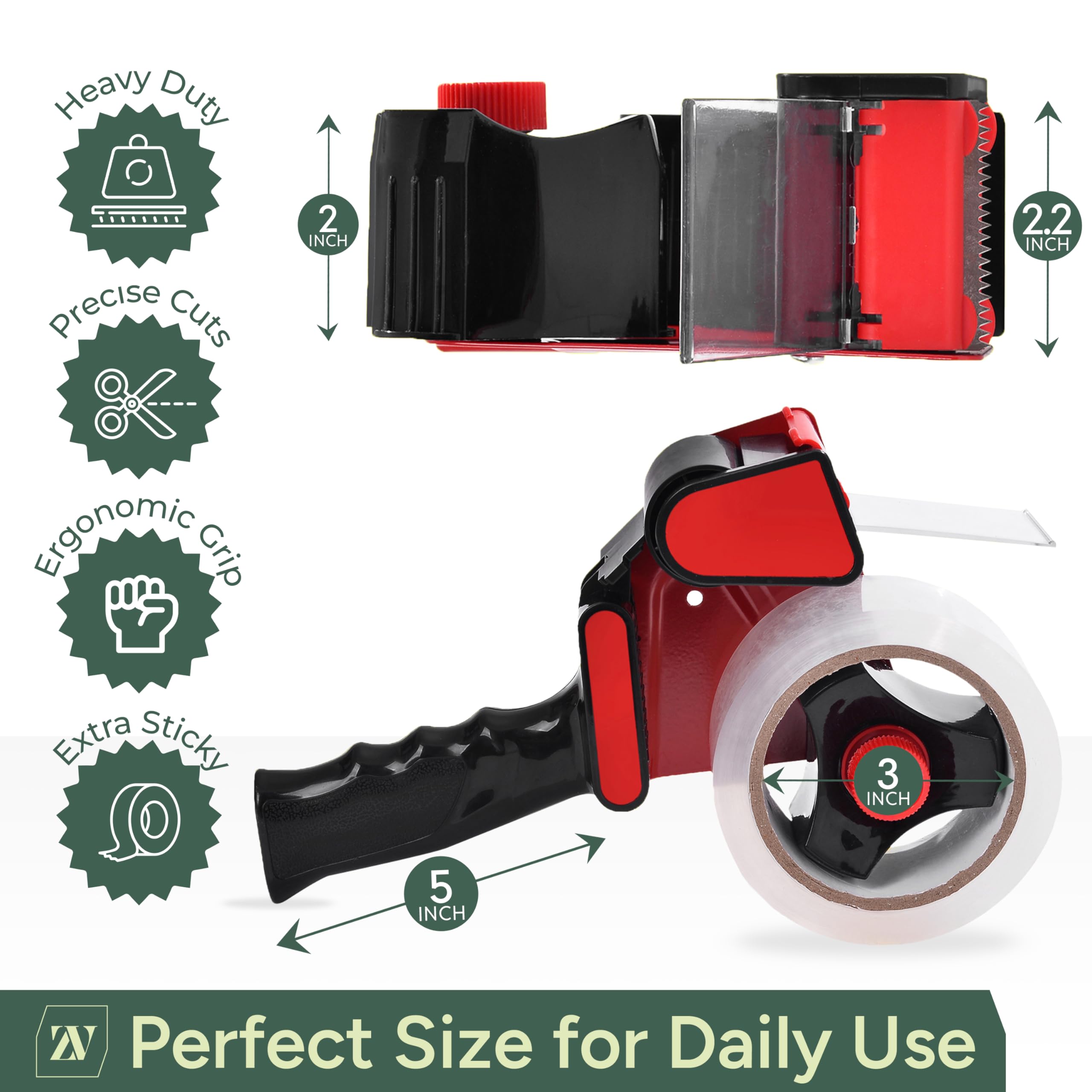 Zuvo Heavy-Duty Packaging Tape Dispenser with 6 Rolls of Clear Tape | 48mm Width