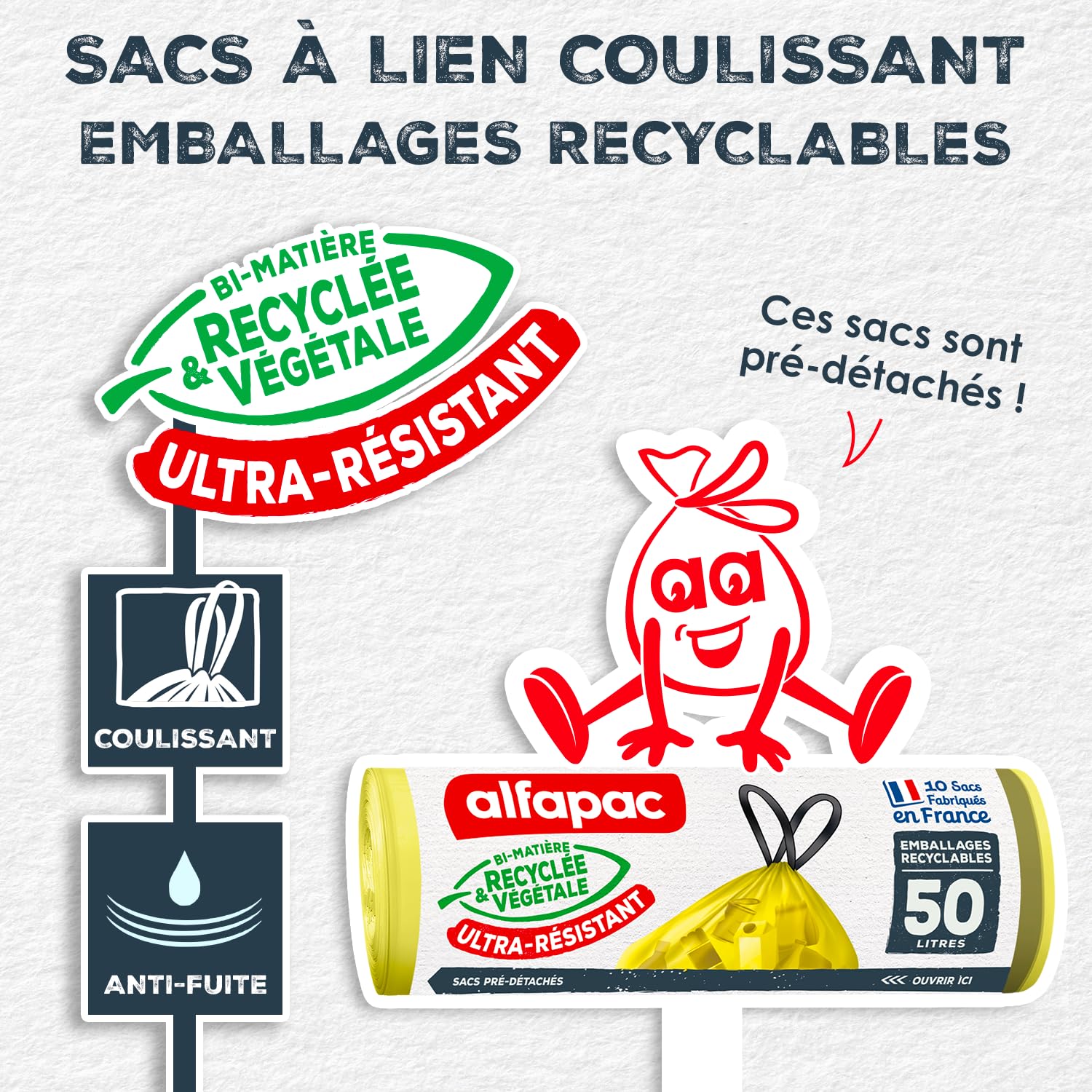 Alfapac Heavy Duty Bin Liners - 50L Capacity, 10 Count, Green | Drawstring Closure 2