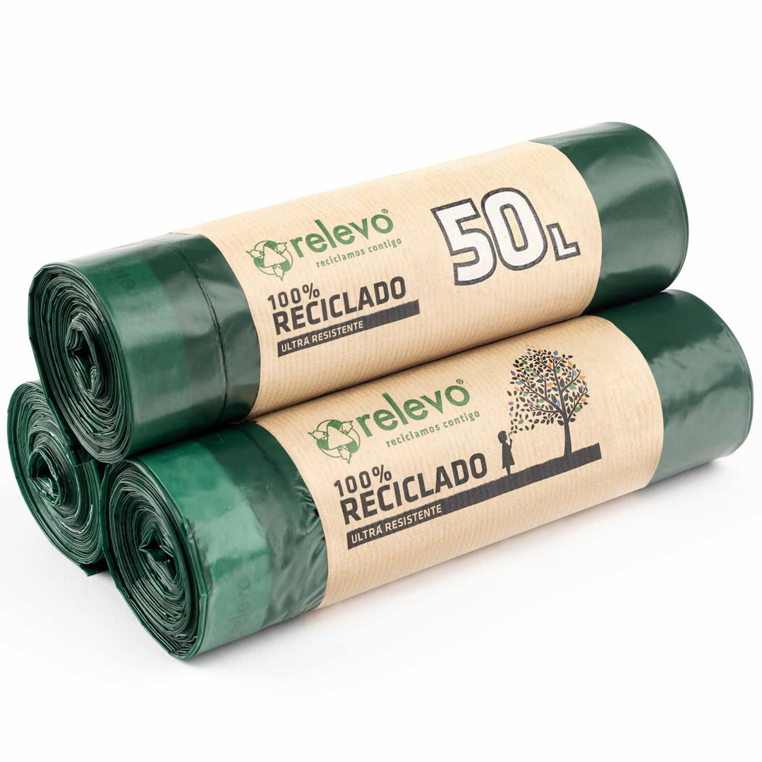 Relevo 100% Recycled Heavy Duty Bin Liners 50L - 30 Bags (70 x 75 cm), Green