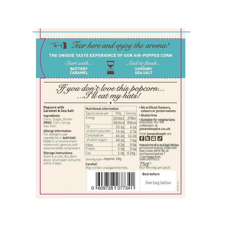 Joe & Seph's Salted Caramel Popcorn (80g) - Gourmet Air-Popped, Handmade in UK, 2 Gold Stars Great Taste Award Winner