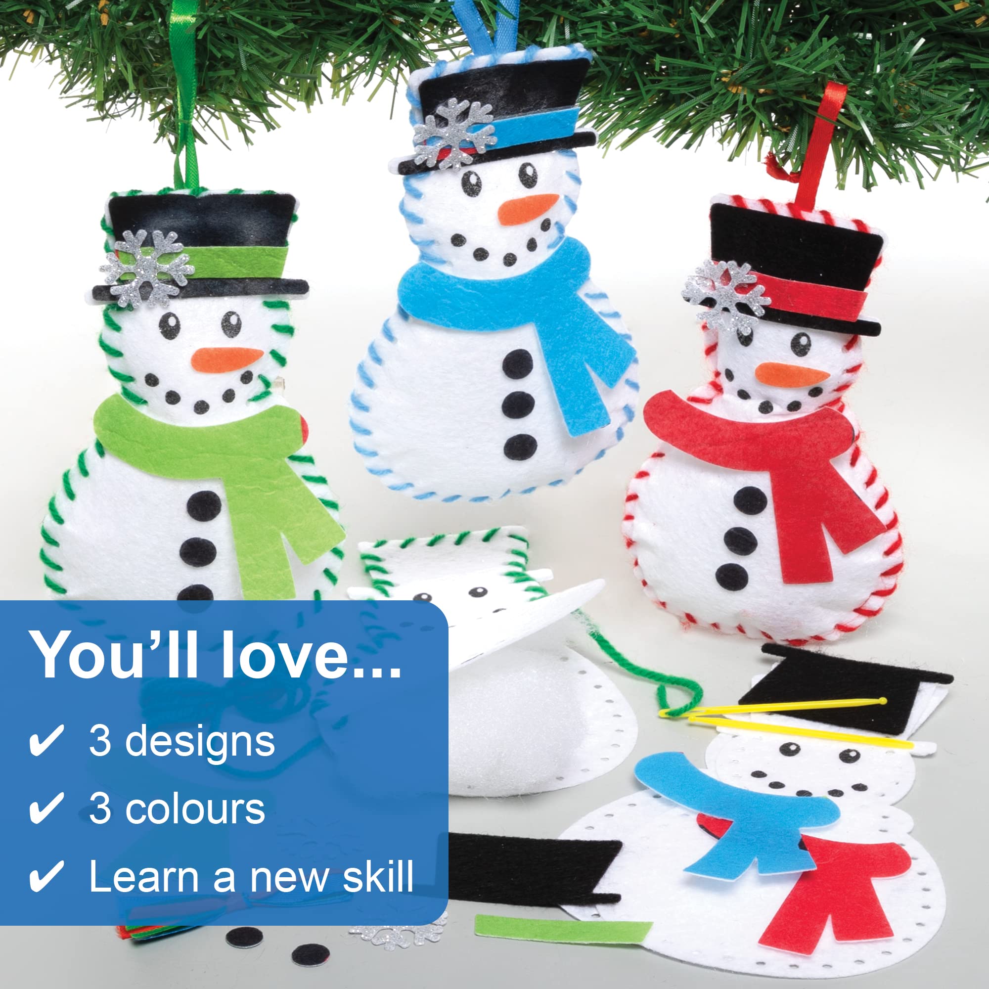 Baker Ross FE949 Snowman Decoration Sewing Kits - Pack of 3, Arts & Crafts Sewing Set for Kids 8