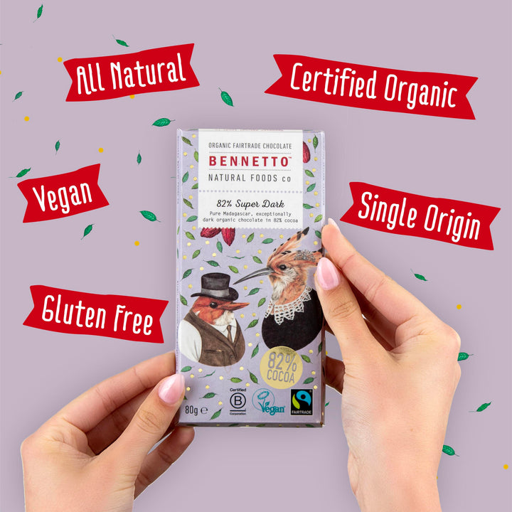 Bennetto 82% Super Dark Organic Chocolate Bar - Single Origin Ecuadorian Cocoa, Vegan & Gluten-Free