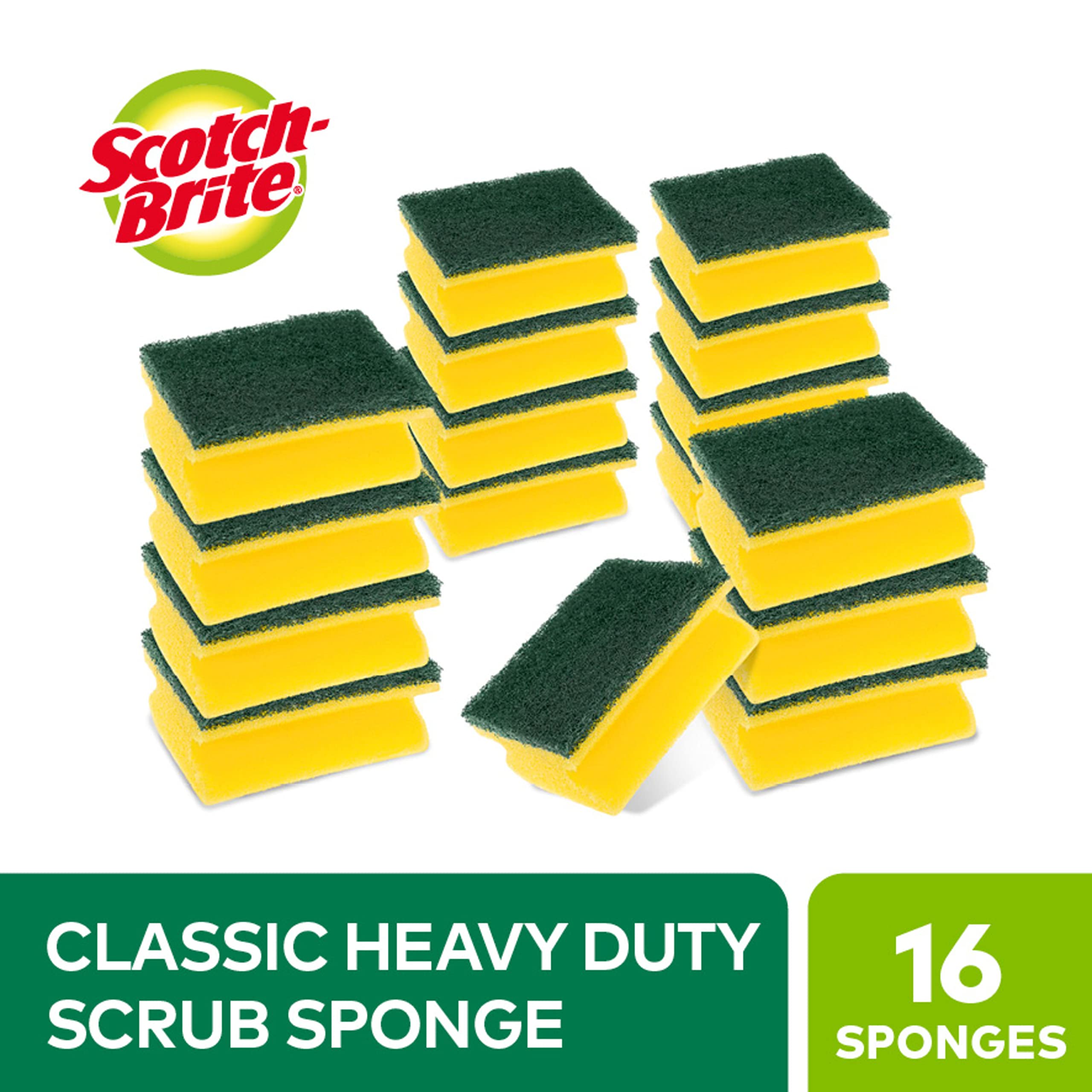 Scotch-Brite Classic Heavy Duty Scrub Sponge - Cuts Grease & Burnt-On Food | 16 Pack