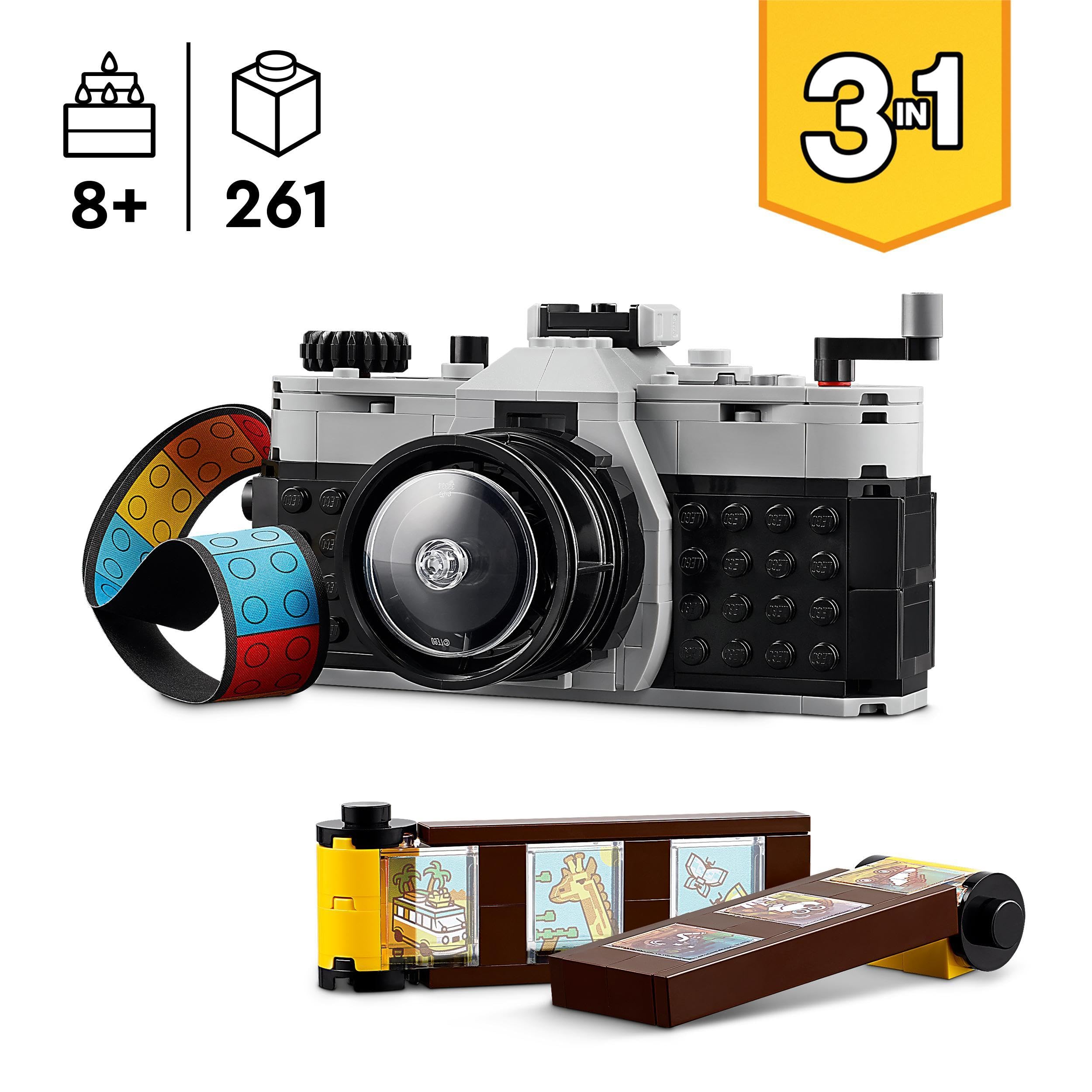 LEGO Creator 3-in-1-Retro-Kamera-Set – Bauen Sie eine Kamera, eine Videokamera und einen Fernseher – 261 Teile für Kinder ab 8 Jahren