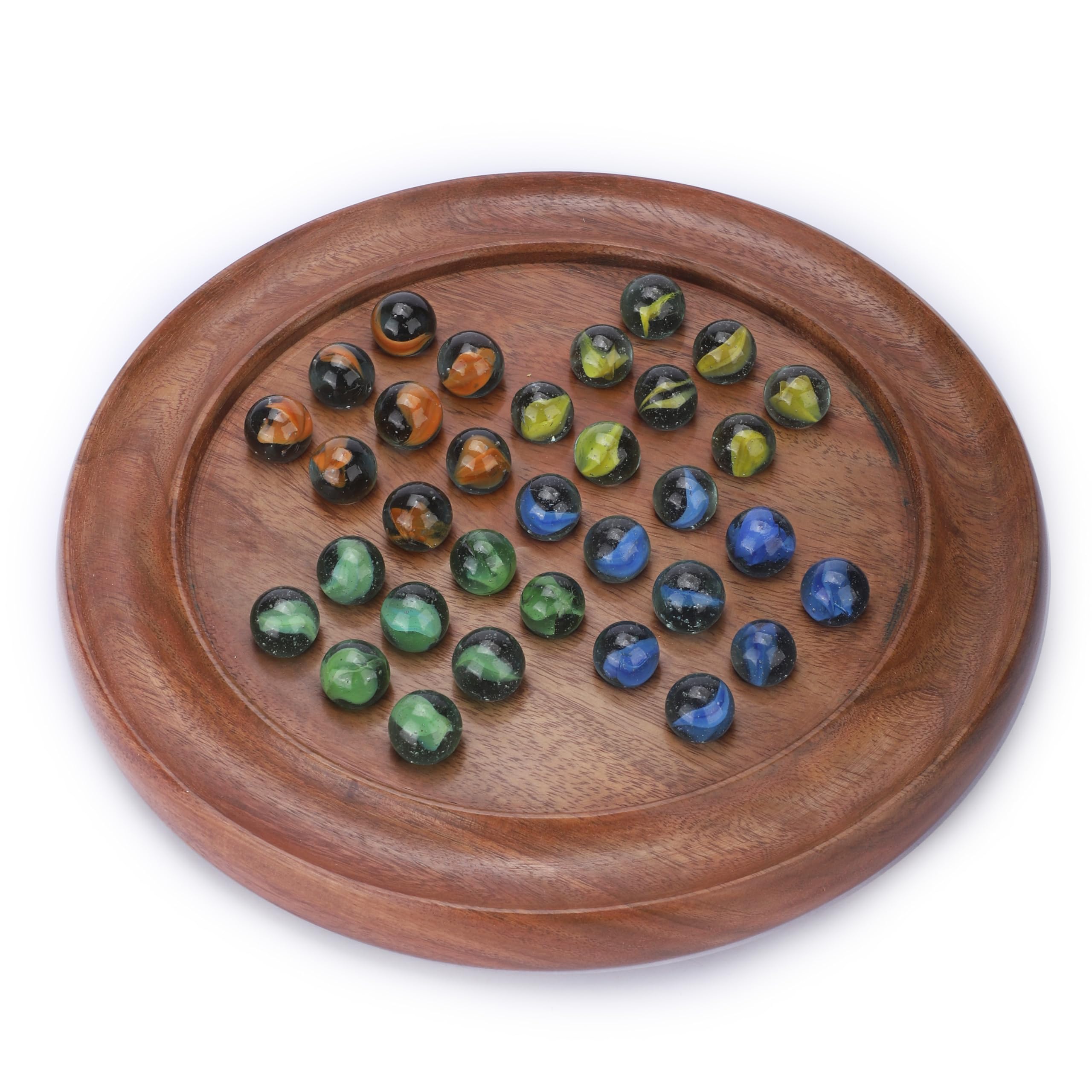 Ajuny Classic Solitaire Handcrafted Wooden Board Game with 4-Color Marbles 16