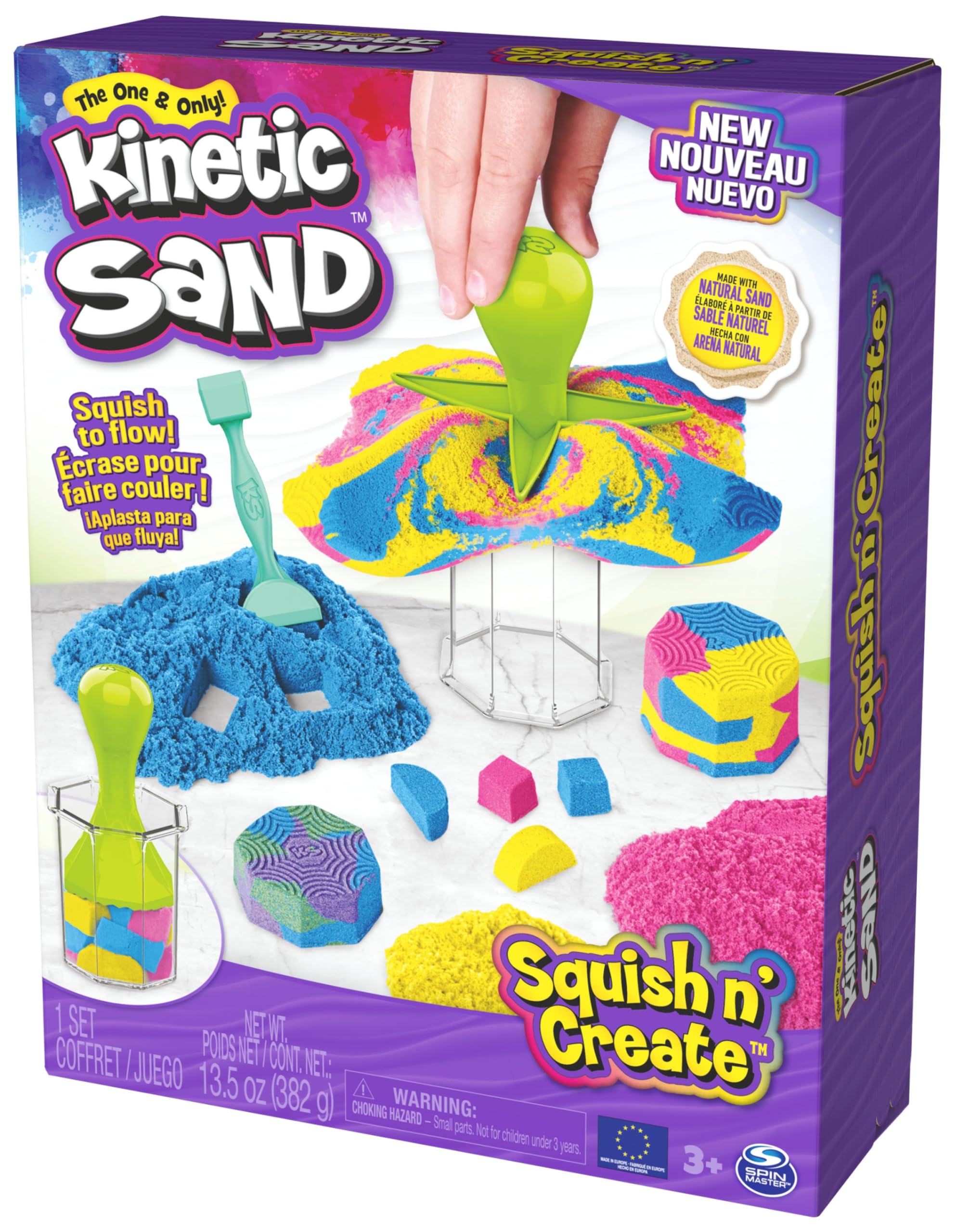 Kinetic Sand Squish N’ Create Playset - 382g Blue, Yellow, Pink Sand | 5 Tools | Ages 3+ 8