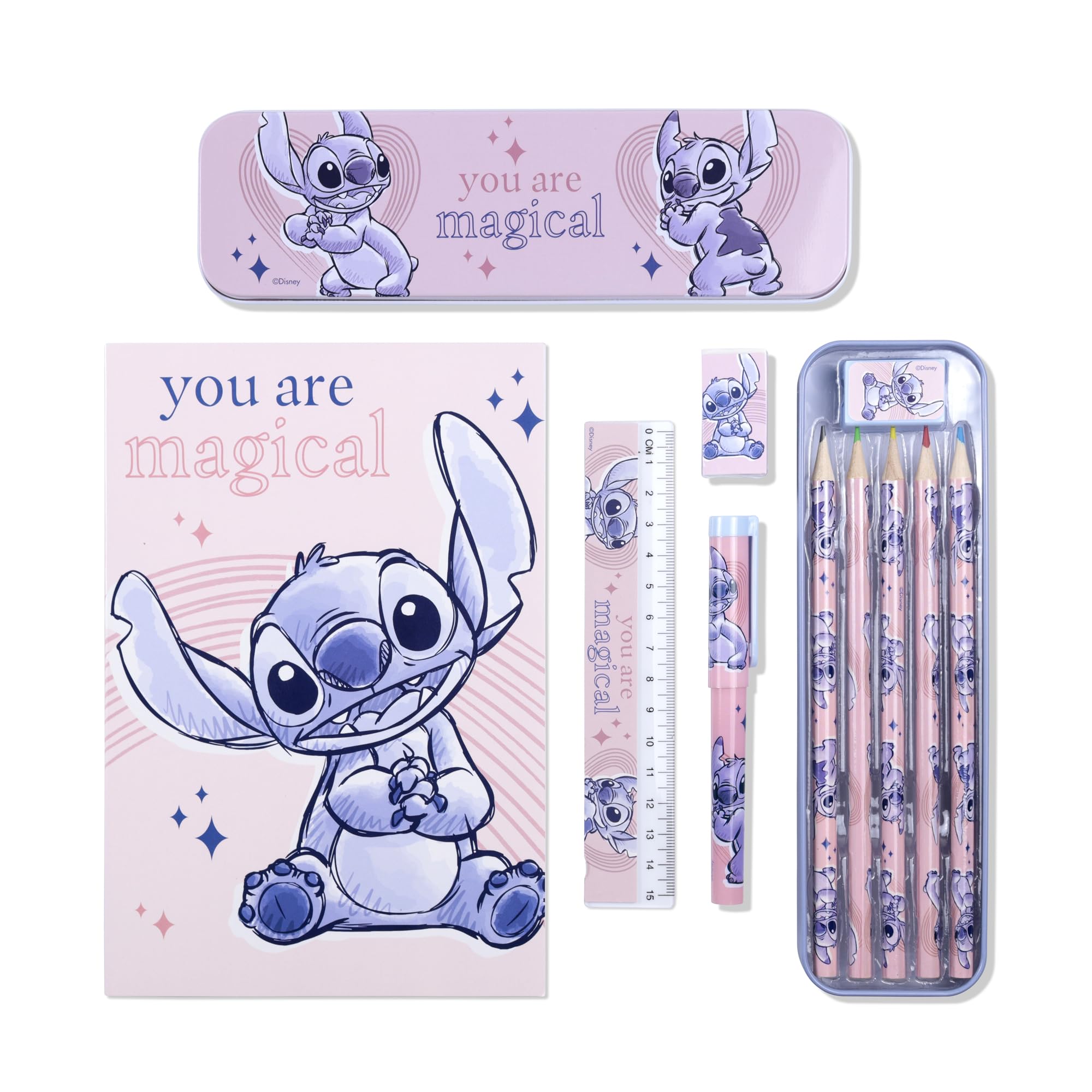 Disney Lilo & Stitch Metal Pencil Case Set with 5 Coloured Pencils and Notebook | Pink