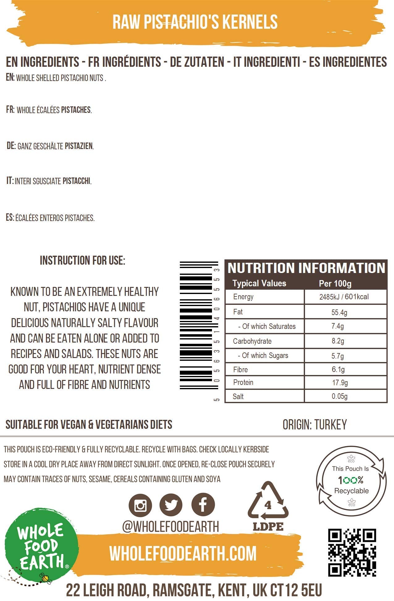 Wholefood Earth Raw Pistachio Kernels - GMO Free, Natural | 250g 2
