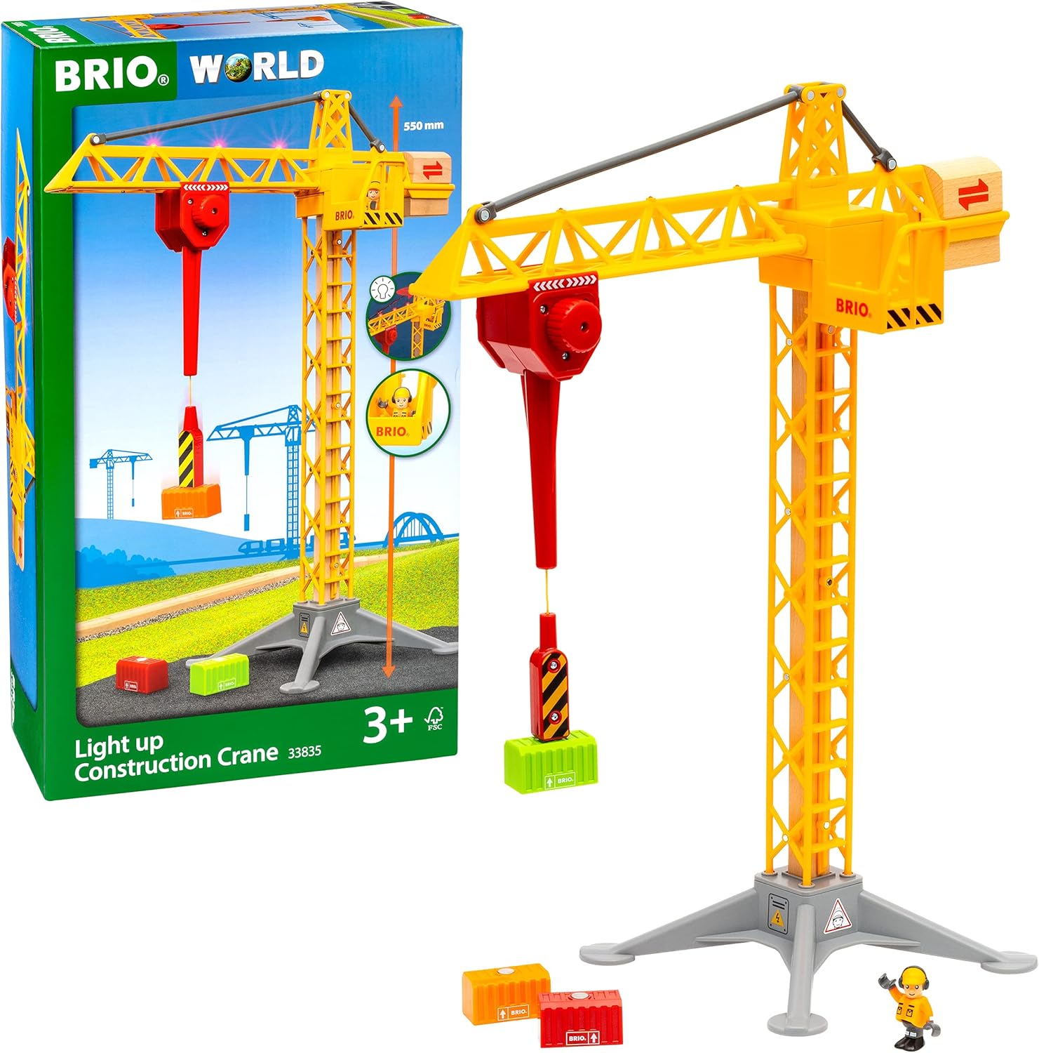 BRIO 33835 Light Up Construction Crane - 360-Degree Rotating Tower with Magnetic Hook & Lights 1