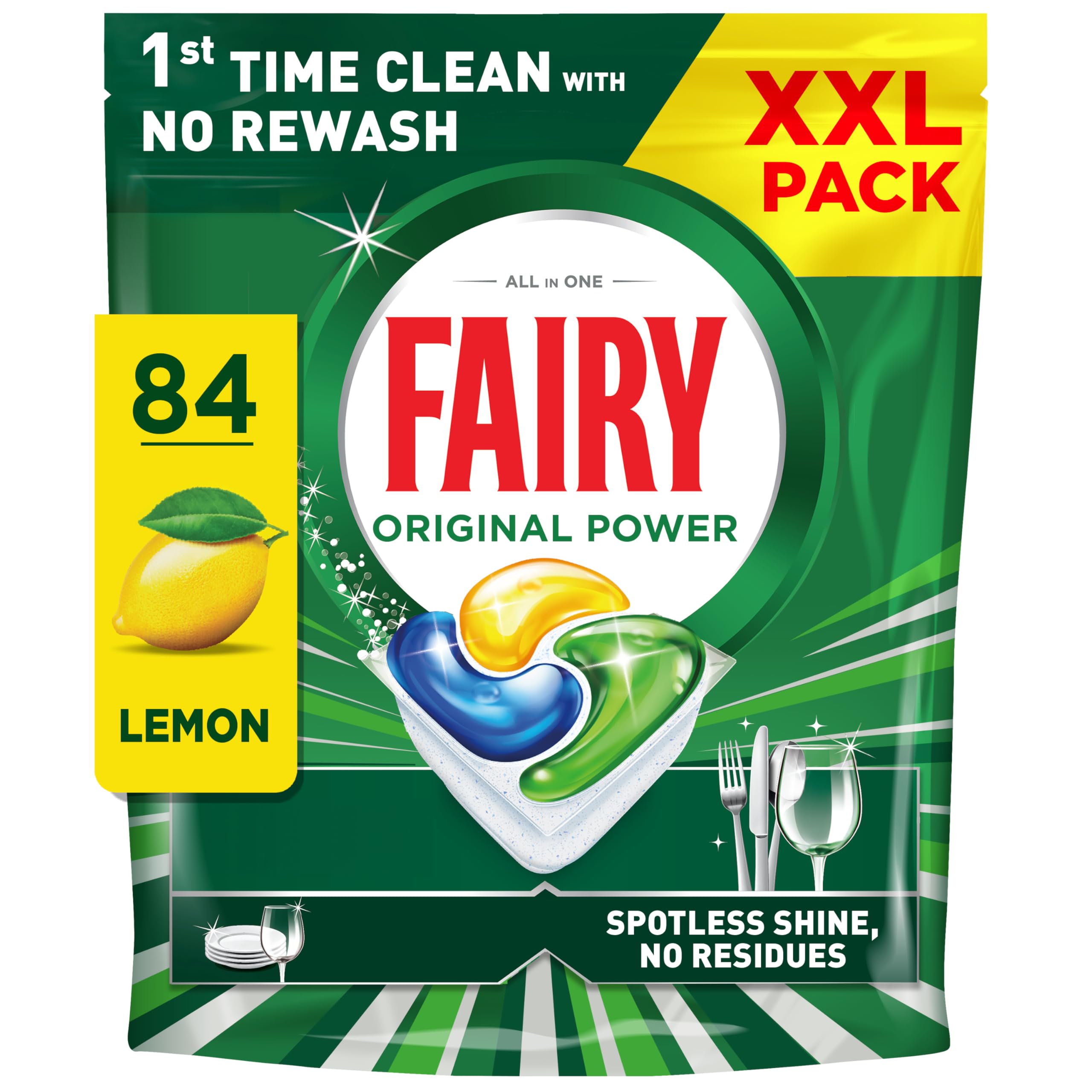 Fairy Original Power Dishwasher Tablets Lemon, 84 Count, 1st Time Clean