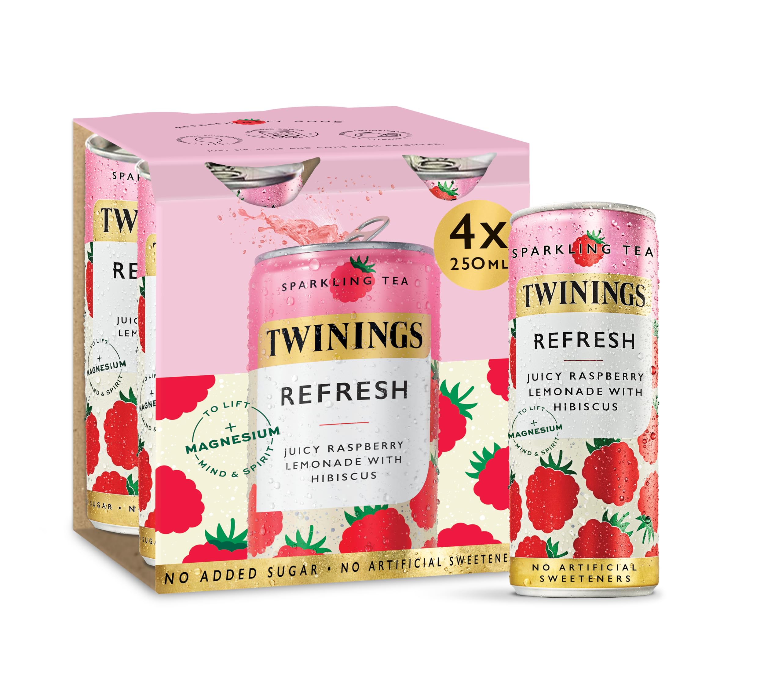 Twinings Refresh Sparkling Tea - Raspberry & Lemon | 4 x 250ml Cans | Low Calorie