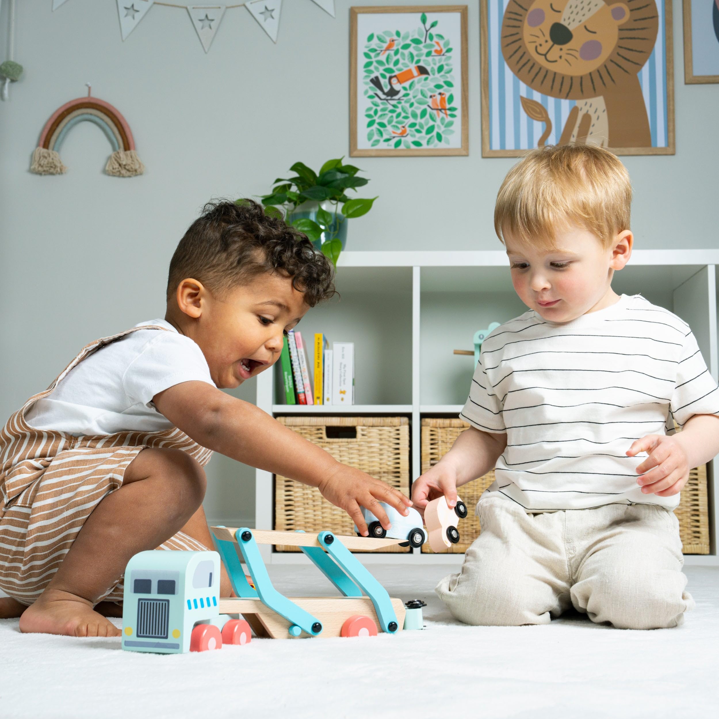 Owl & Fox Wooden Toy Car Transporter with Lorry, Trailer, and 4 Cars