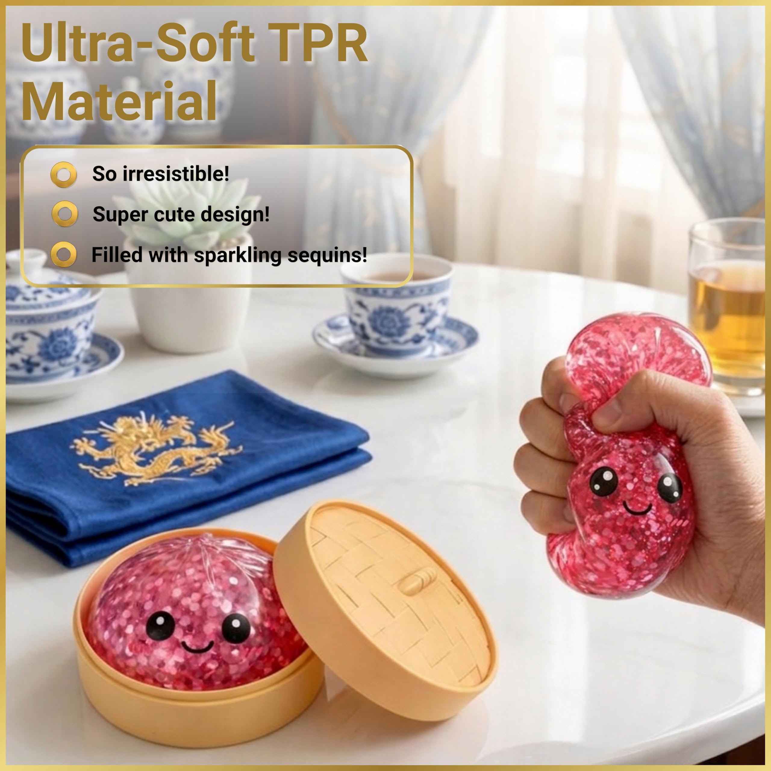 SHATCHI Large Pink Glitter Dumpling Squishy Toy with Steamer Box | Slow Rebound TPR | Ages 3+ 5