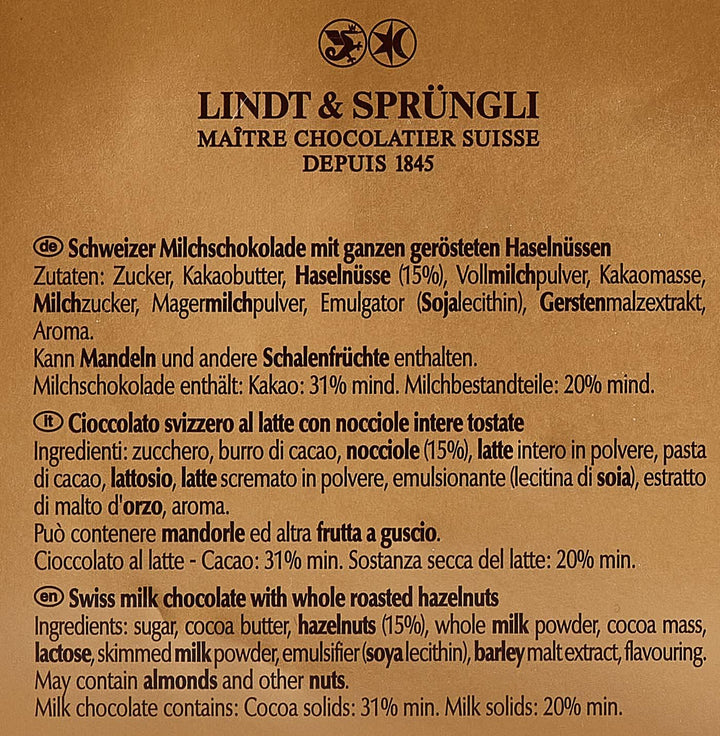 Lindt Swiss Milk Chocolate and Crunchy Hazelnut Gold Bar 300 g