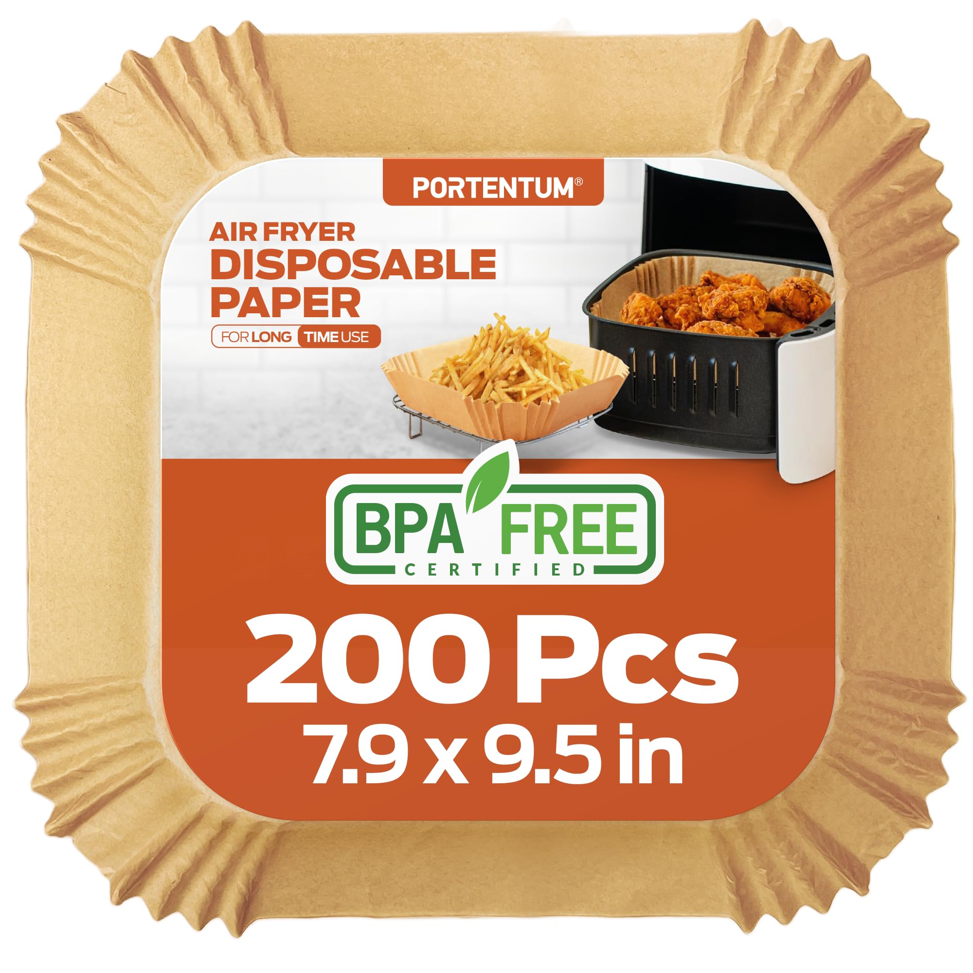 PORTENTUM Air Fryer Liners - 200PCS Disposable, Unbleached, Greaseproof | BPA Free | Food Grade Certified