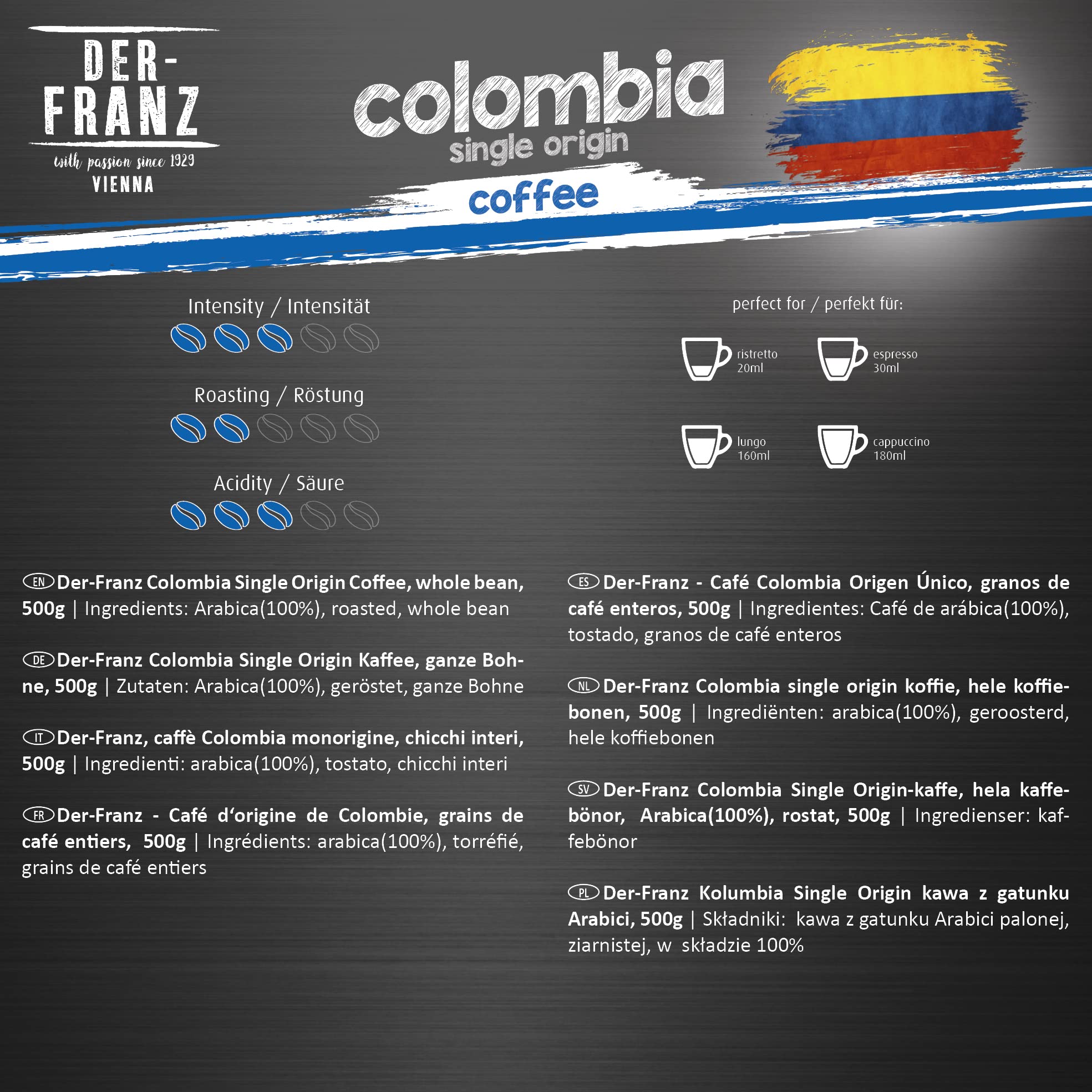 Der-Franz Colombia Single Origin Roasted Whole Coffee Beans - 3 x 500g Pack 3