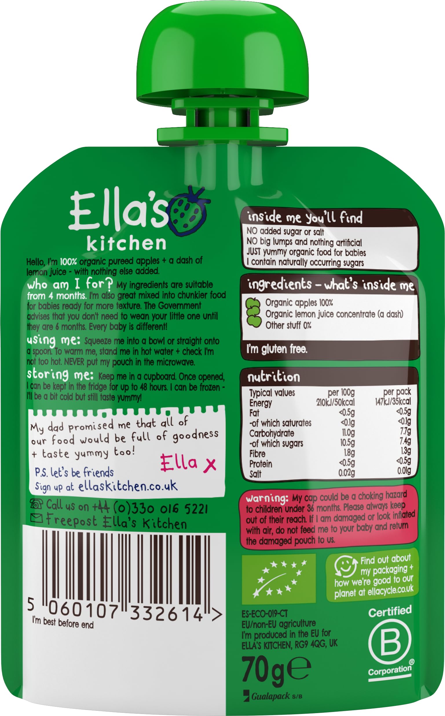Ella's Kitchen Stage 1 First Taste Apples Puree | Organic Baby Food | 70g (Pack of 7) 2
