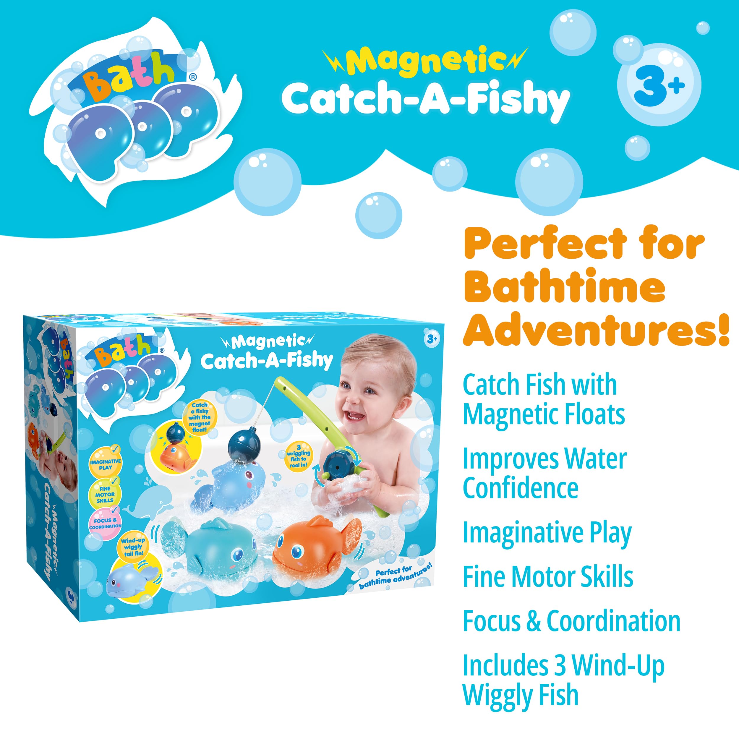 Bath Pop Magnetic Catch A Fishy Set - Floating Magnetic Fishing Game | 3 Wiggling Fish | Ages 3+ 4