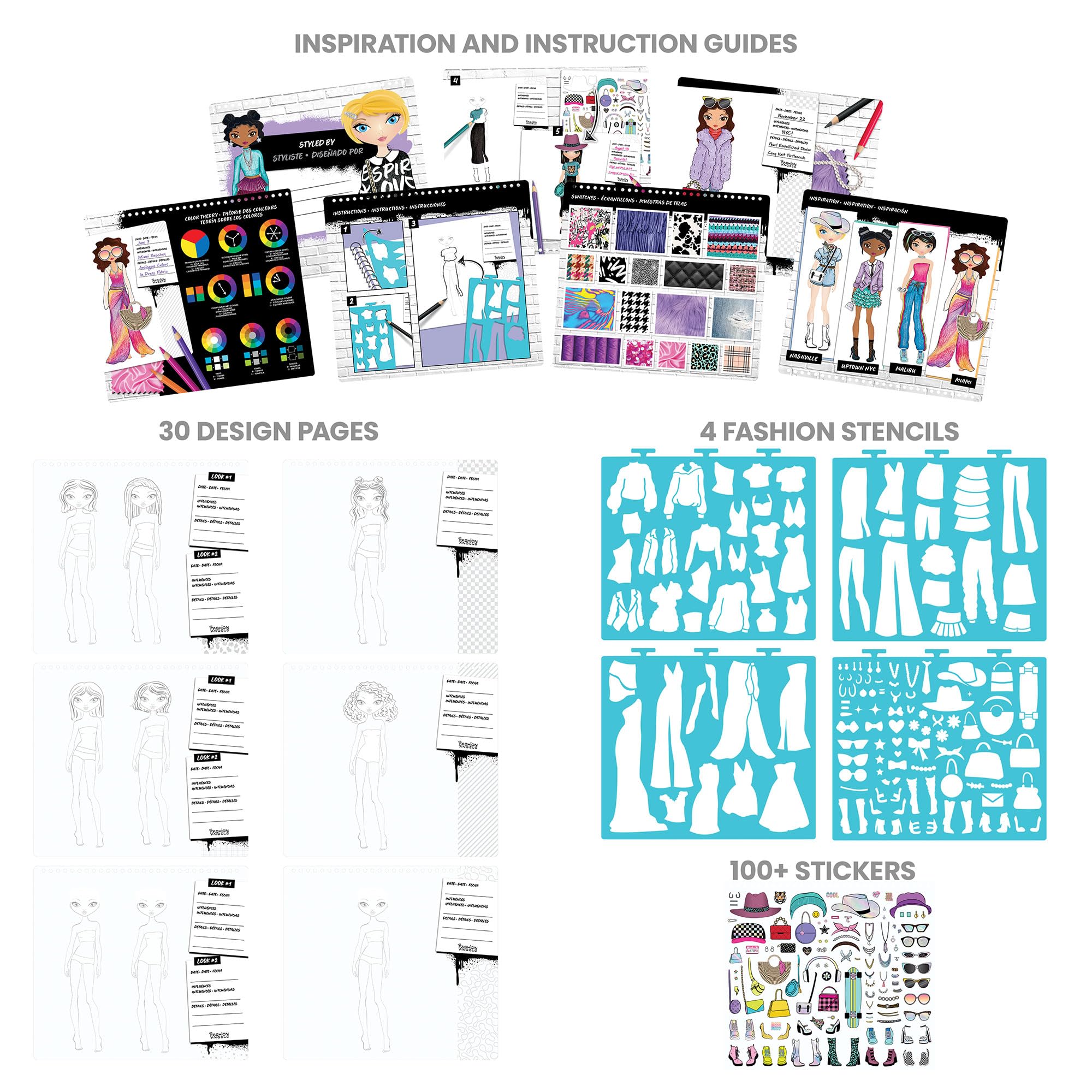 Fashion Angels Streetwear Fashion Design Sketch Portfolio - 30 Sheets | 4 Stencils | 100+ Stickers