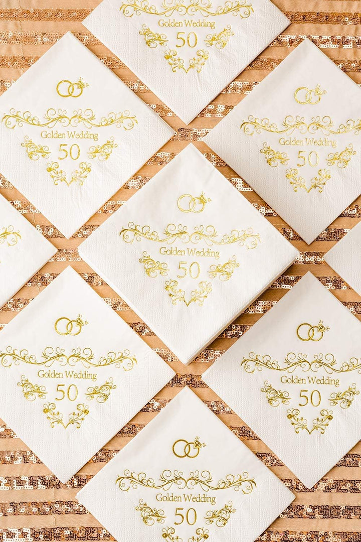 Crisky Gold Foil 50th Anniversary Napkins, 3-Ply Cocktail Napkins for Wedding Party Decor