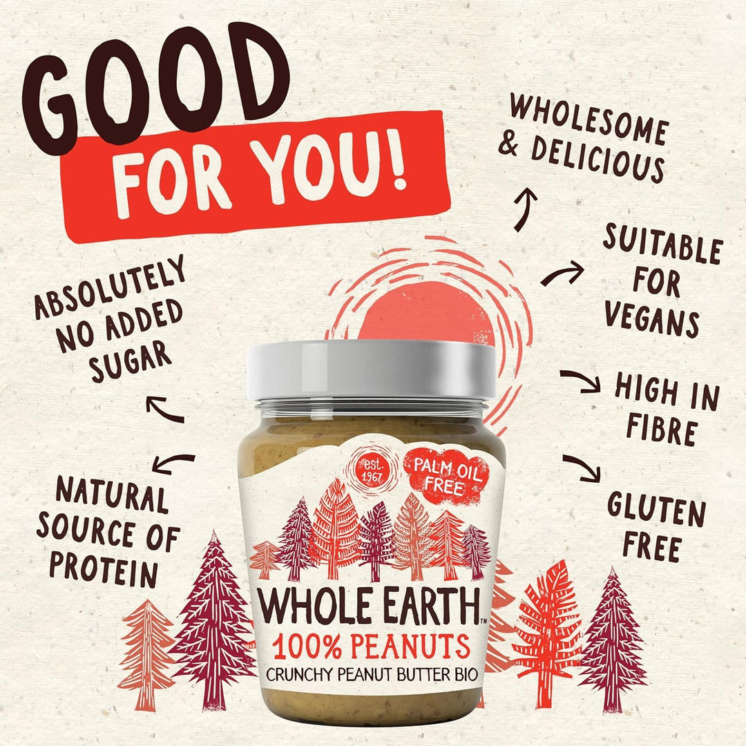 Whole Earth Organic Crunchy Peanut Butter, 6 x 227g Jars, 100% Nuts, No Added Sugar, Gluten Free, Vegan