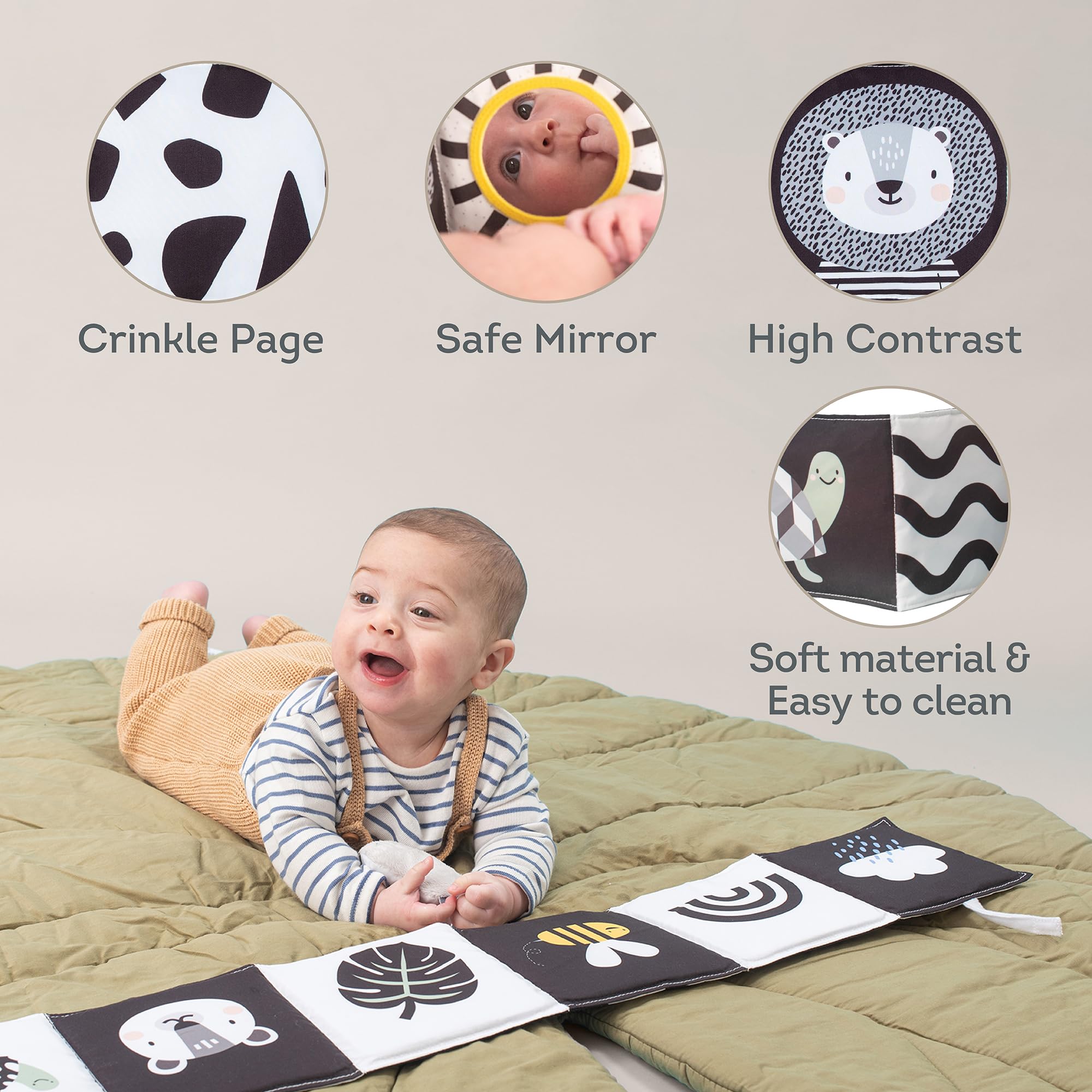 Taf Toys Savannah 3 in 1 Newborn Pram Book - High Contrast Sensory Tummy Time Toy | Birth+ 4