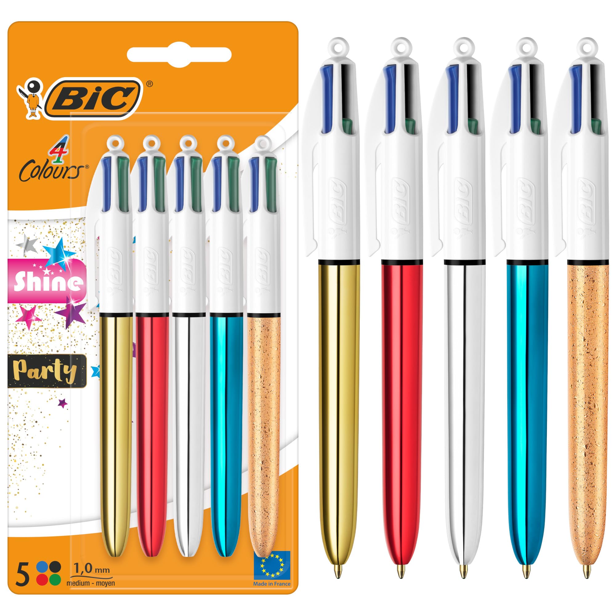 BIC 4 Colours Shine and Party Retractable Ballpoint Pens - Pack of 5 | 1.0mm Medium Point | Multicolor Ink