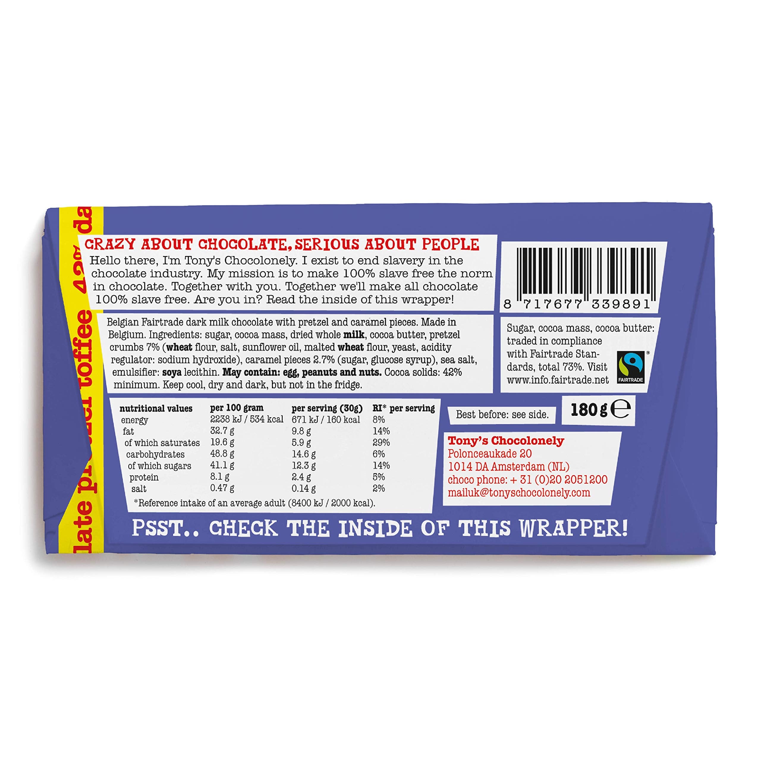 Tony's Chocolonely - Dark Milk Pretzel Toffee Chocolate Bar 180g 6