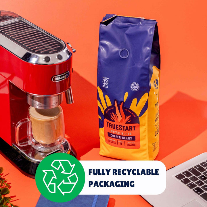 TrueStart Coffee Beans Super Blend Strong 1kg – Mycotoxin-Free Medium Roast Arabica, Notes of Roasted Nut & Dark Cocoa, Ideal for Espresso