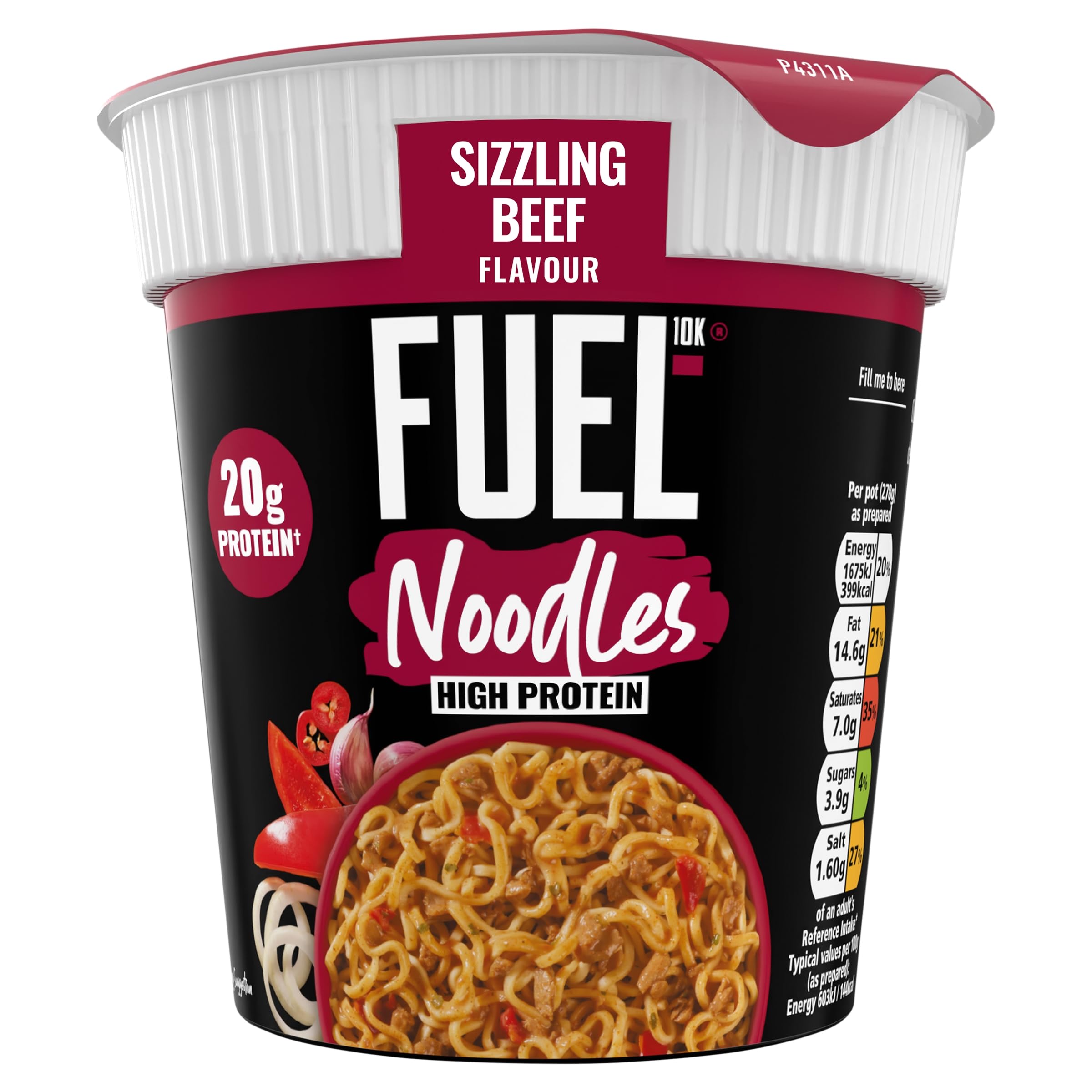 FUEL10K Sizzling Beef High Protein Instant Noodles Pot, 20g Protein | Pack of 8