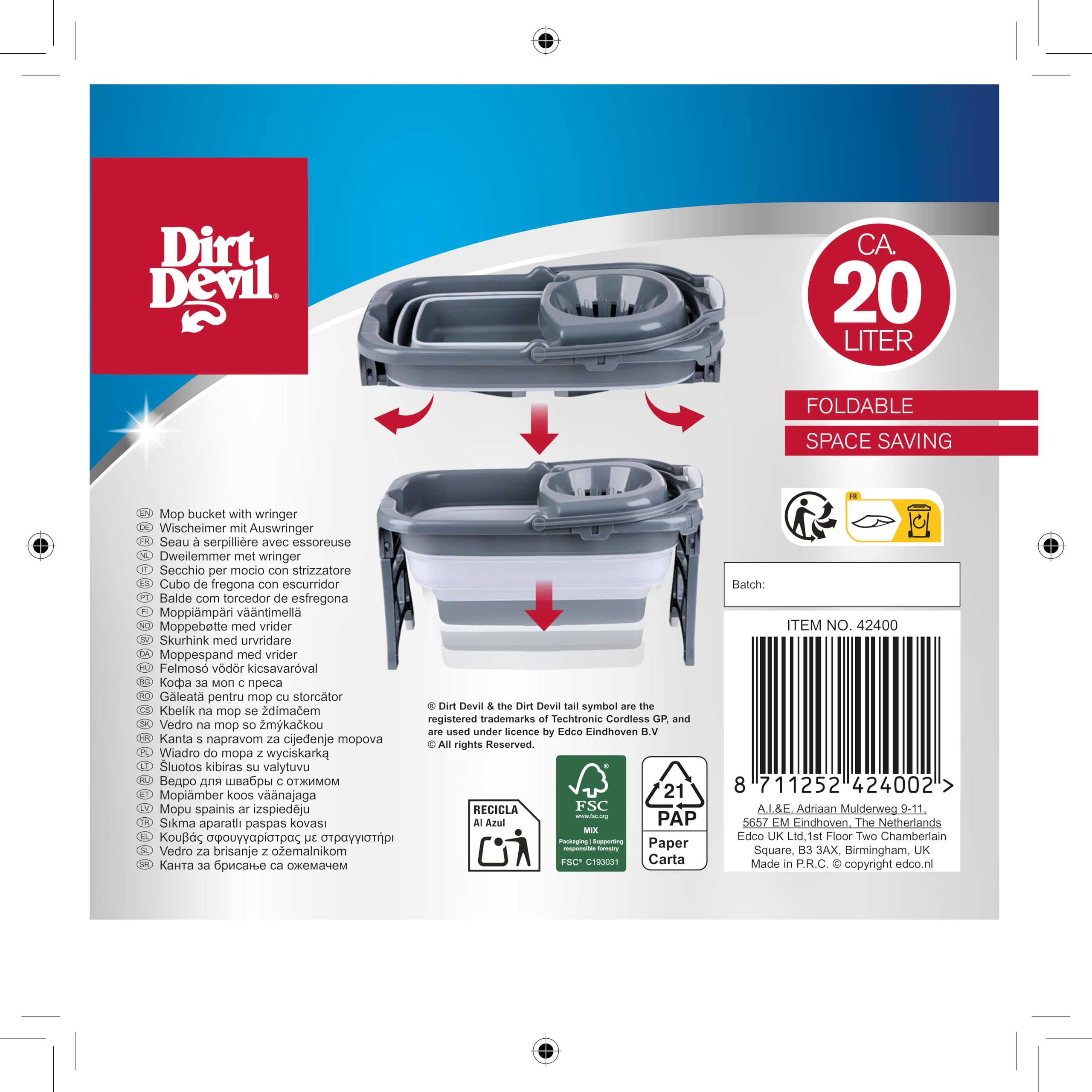 Dirt Devil Foldable Mop Bucket - 20 Litre Capacity with Integrated Wringer | Grey White 4