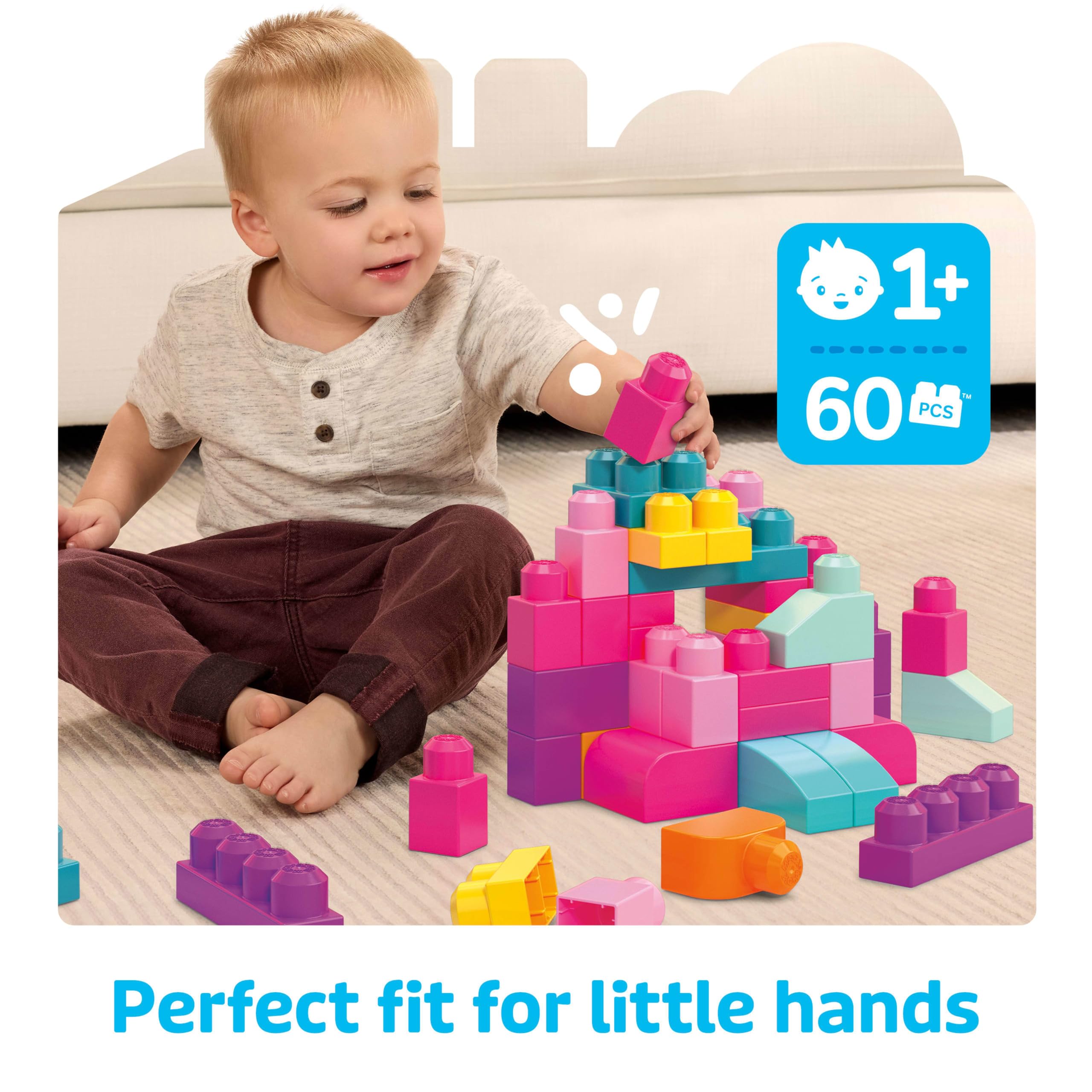 Mega Bloks Big Building Bag Building Set with 60 Blocks, Pink | Ages 1+ | DCH54 2