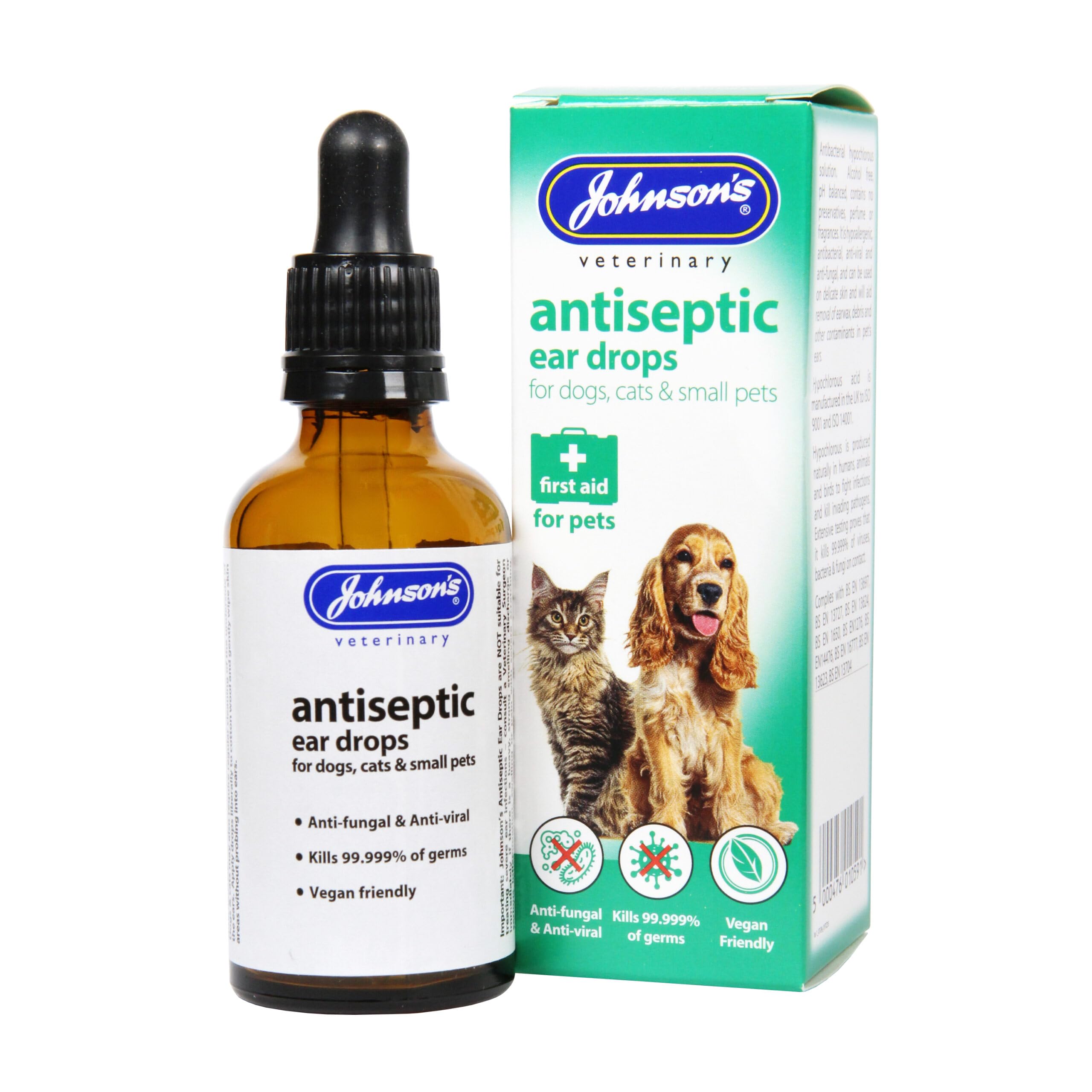 WUNDAPETS Johnson's Veterinary Antiseptic Ear Drops for Dogs, Cats & Small Pets, 50ml