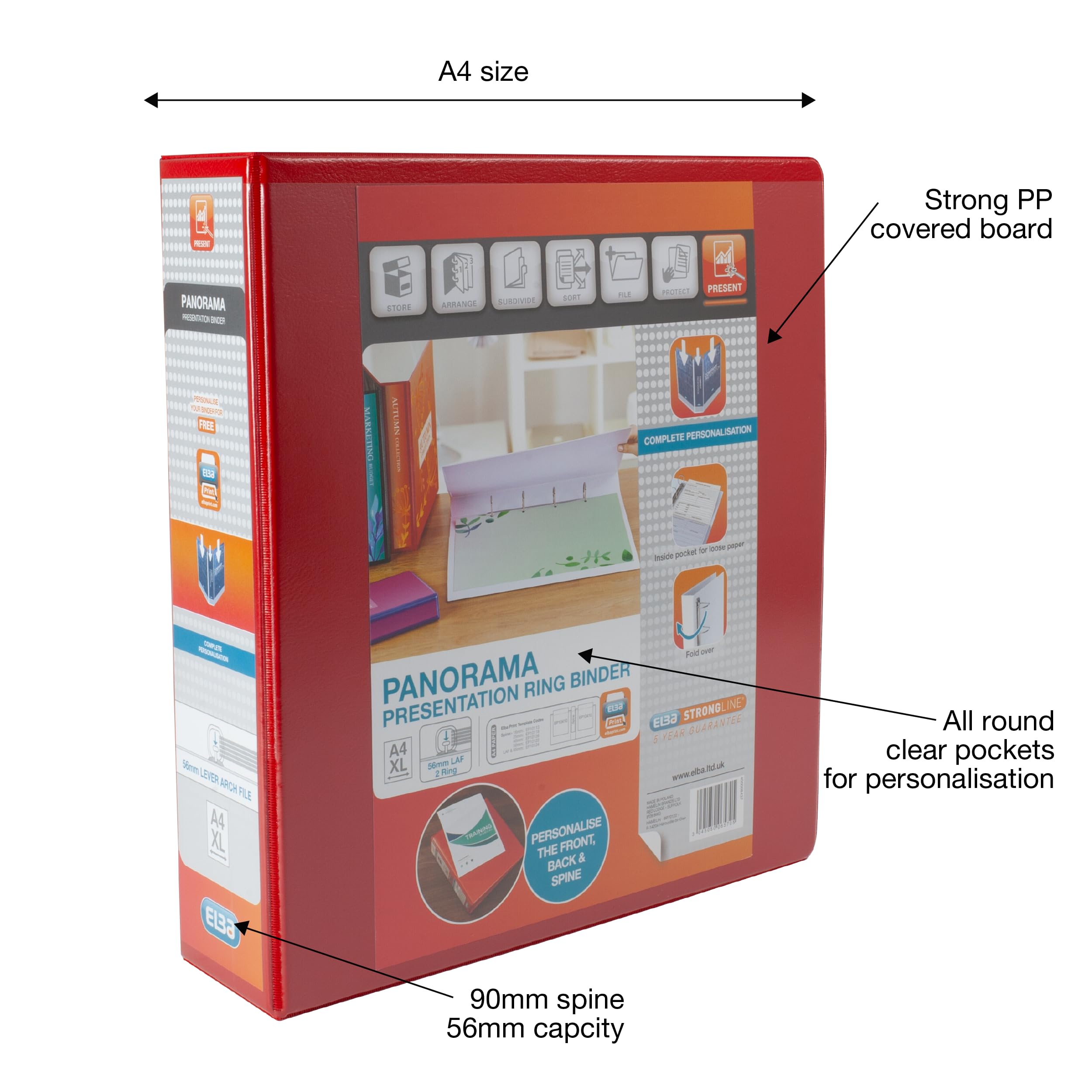 Elba Presentation A4 Lever Arch File | Red Plastic | 90mm Spine | 560 Sheet Capacity