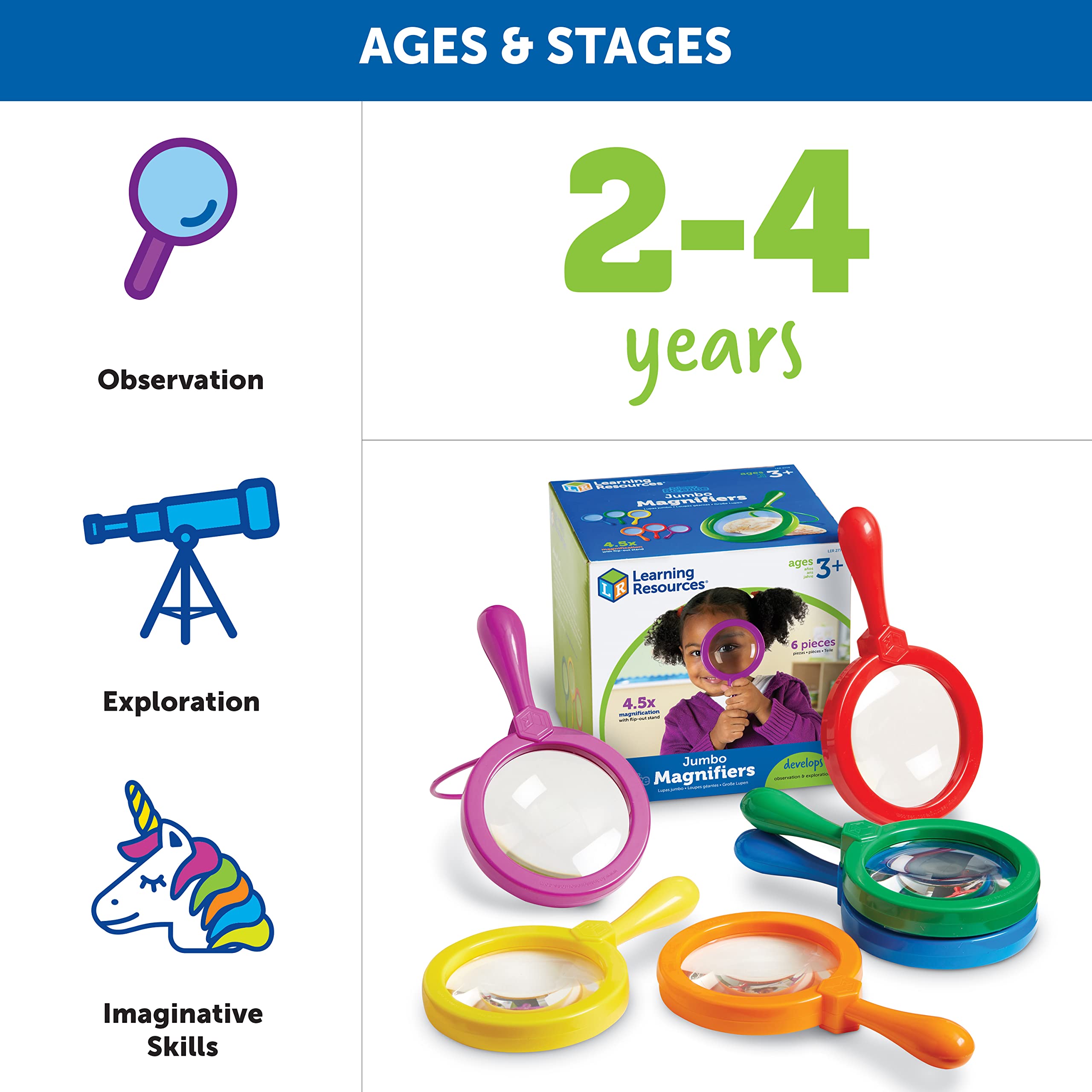 Learning Resources Jumbo Magnifiers - 4.5x Magnification Set of 6 for Kids 11
