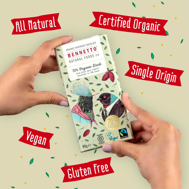 Bennetto 70% Organic Dark Rich Chocolate Bar - Single Origin Ecuador Cocoa, Vegan & Gluten-Free