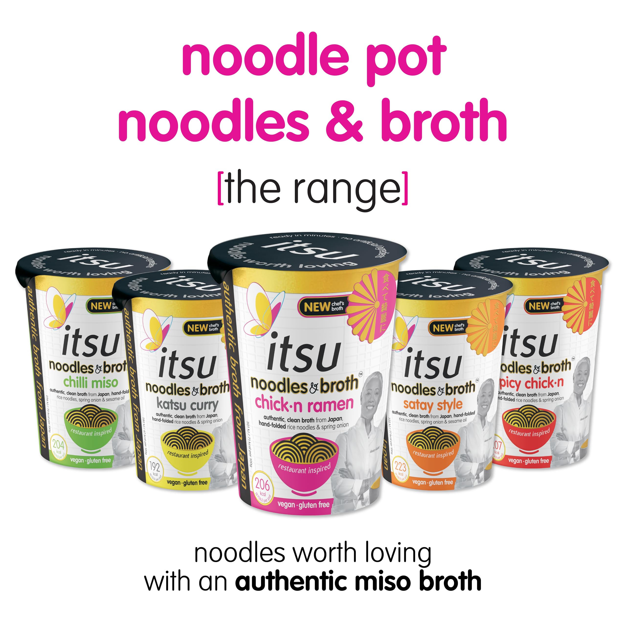 Itsu Spicy Chicken Instantnudeln & Brühe Topf 64 g – 6er-Pack | Glutenfrei | Vegan | Schnelle 5-Minuten-Mahlzeit