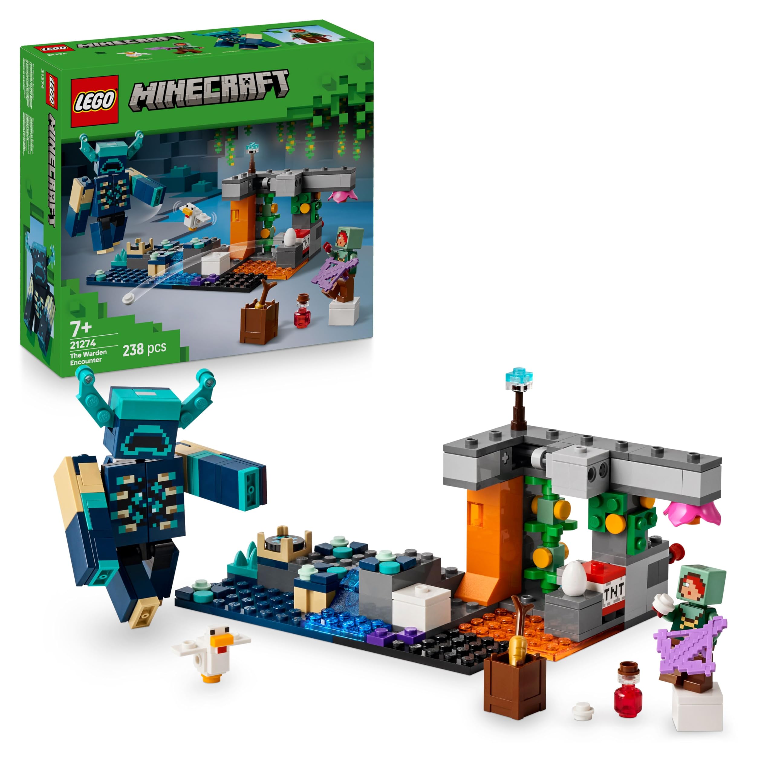 LEGO Minecraft The Warden Encounter 21274 – Baubare Warden-Figur mit Minifigur und üppigem Höhlenset