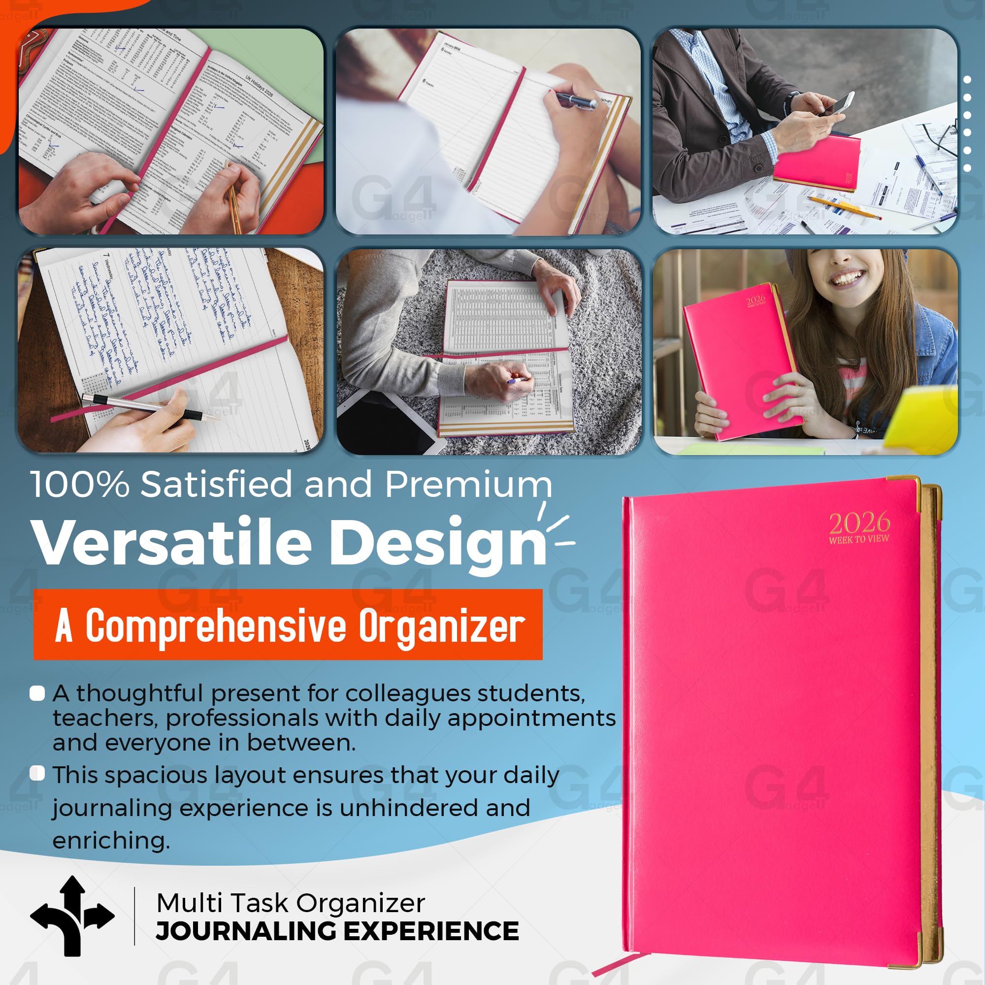 G4GADGET A4 2026 Week to View Pink Diary Gilt Edges Hardback 3