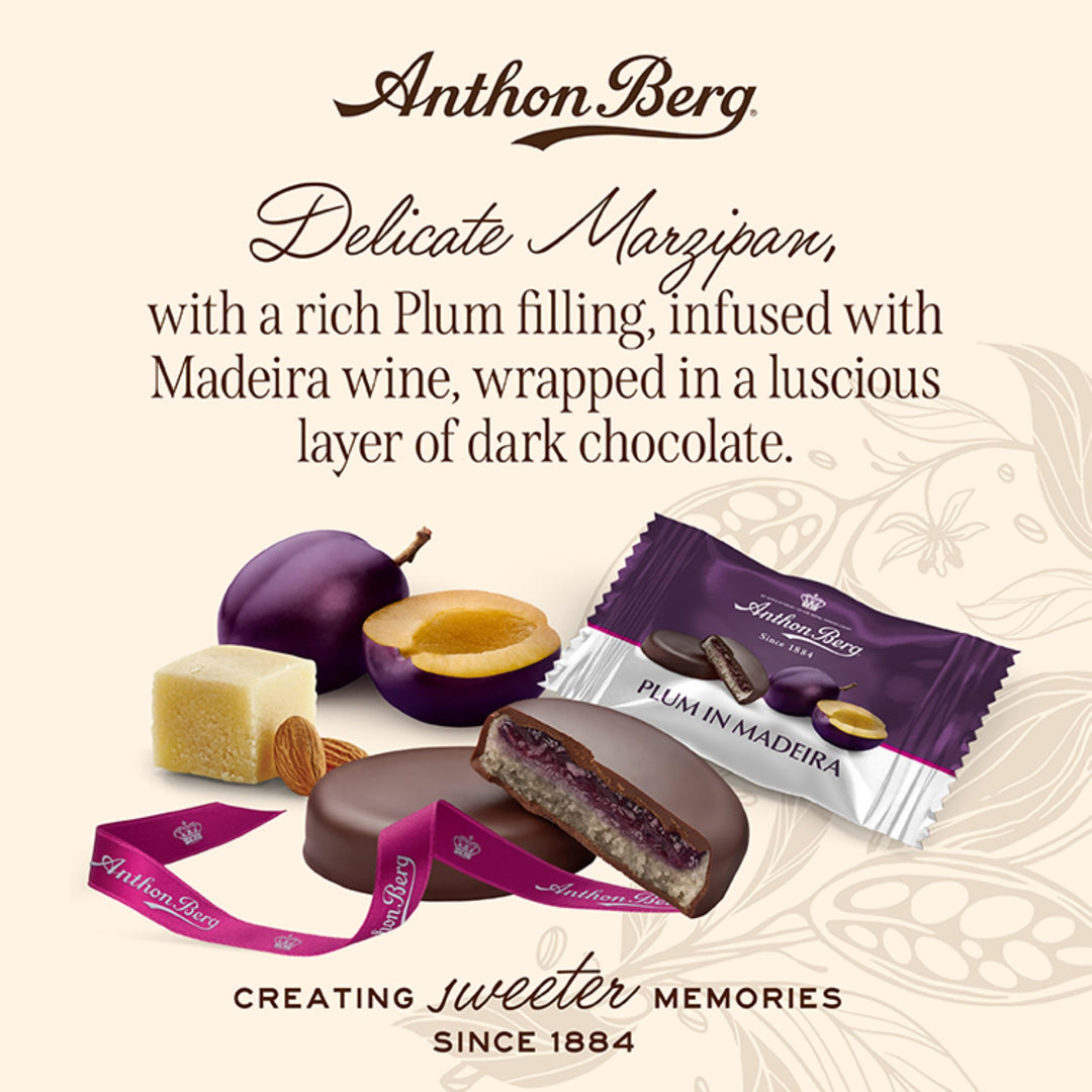 Anthon Berg Dark Chocolate Covered Marzipan Treats with Plum in Madeira 220g