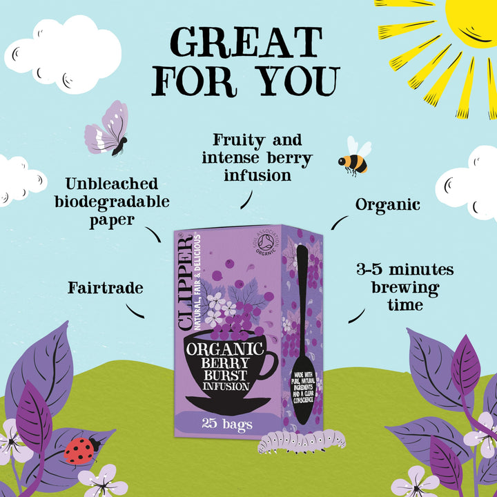 Clipper - Organic Berry Burst Fruit Tea Bags | 150 Enveloped Sachets (6 x 25) | Caffeine-Free Herbal Infusion