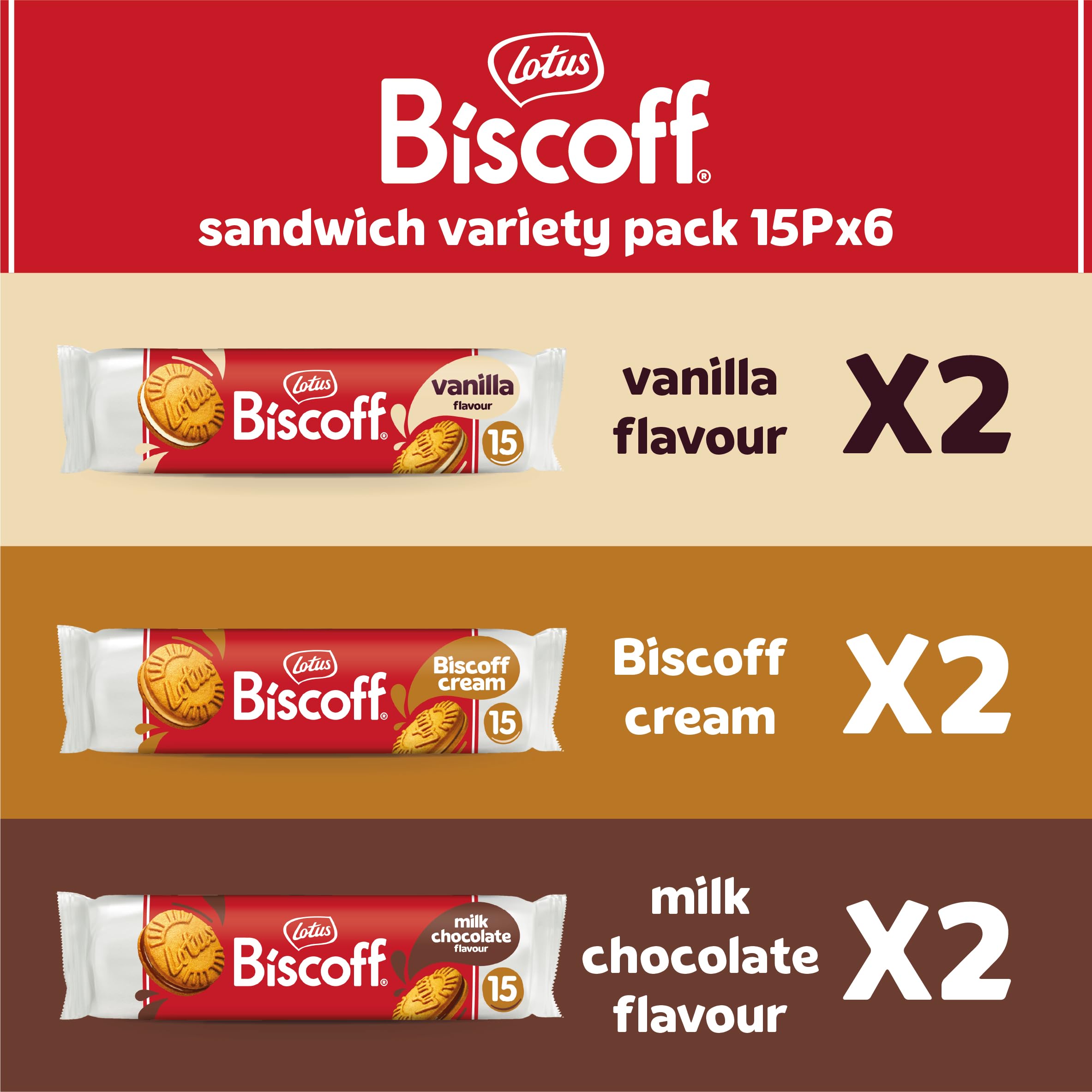 Lotus Biscoff - Sandwich Biscuits Variety Pack - 3 Flavours - 6 Rolls (90 Cookies) 4
