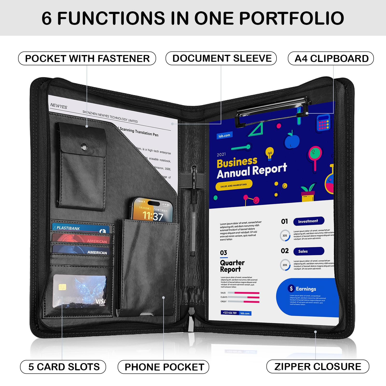 NEWYES A4 Zippered PU Leather Travel Portfolio - Black, Waterproof | 5 Card Slots, Pen Holder 2
