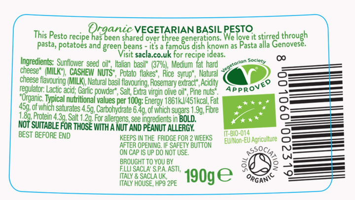 Sacla Italian Organic Vegetarian Basil Pesto Sauce - 190g